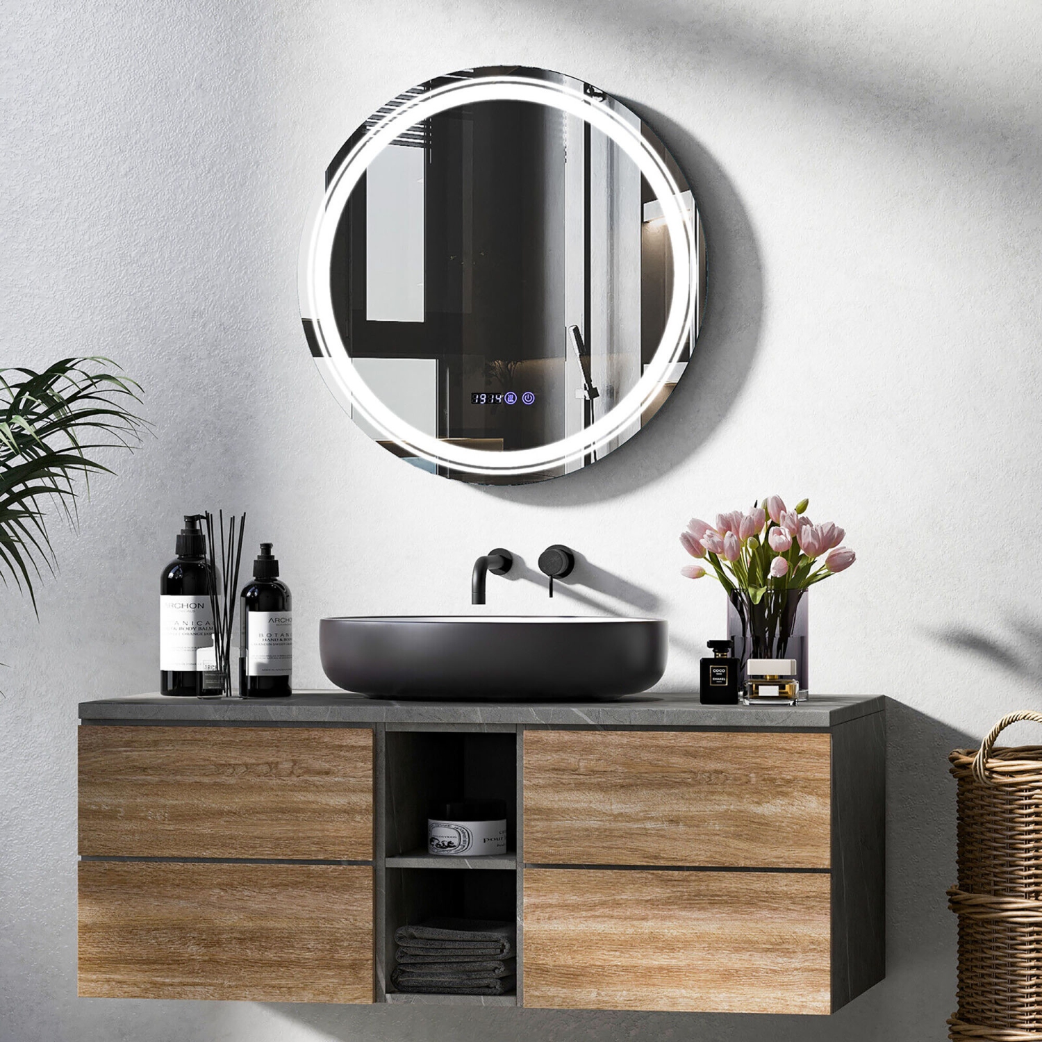 Gymax Round Led Bathroom Mirror w/ 3 Color LED Lights Time & Temperature Display