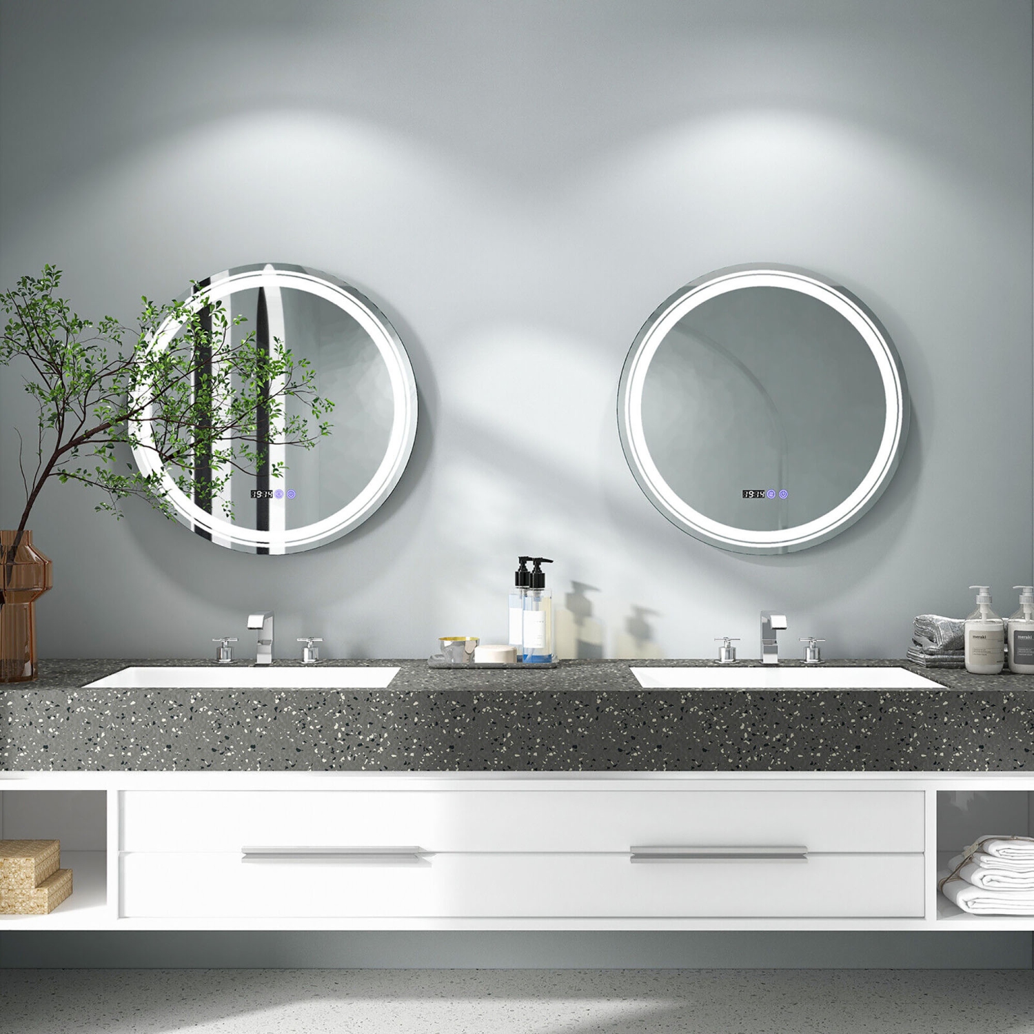 Gymax Round Led Bathroom Mirror w/ 3 Color LED Lights Time & Temperature Display