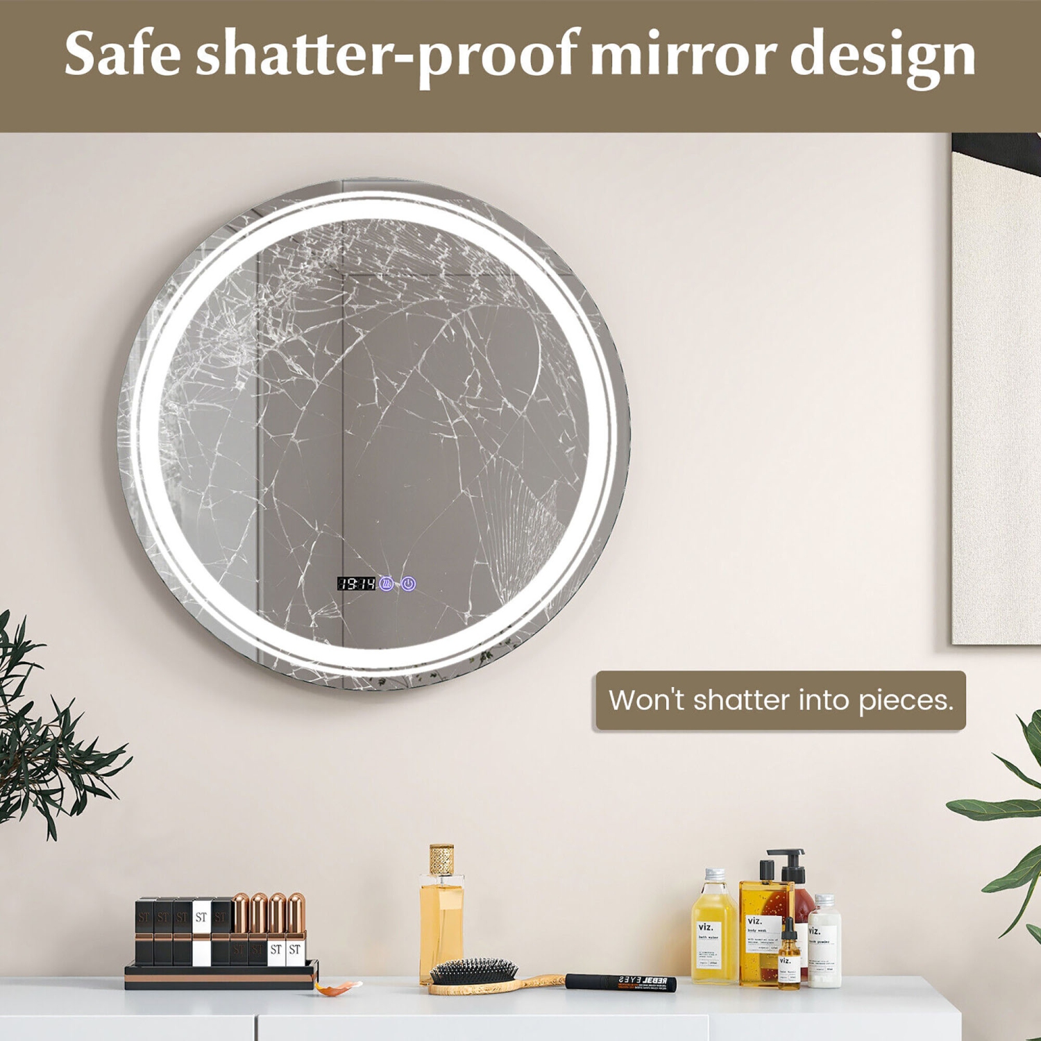Gymax Round Led Bathroom Mirror w/ 3 Color LED Lights Time & Temperature Display