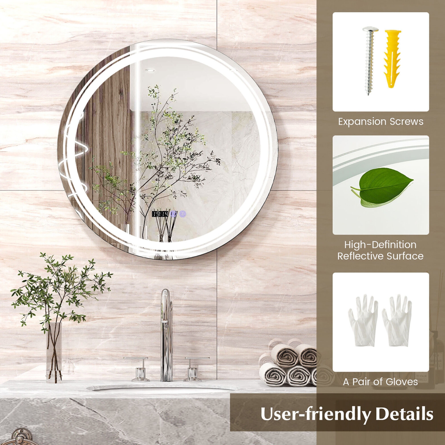 Gymax Round Led Bathroom Mirror w/ 3 Color LED Lights Time & Temperature Display