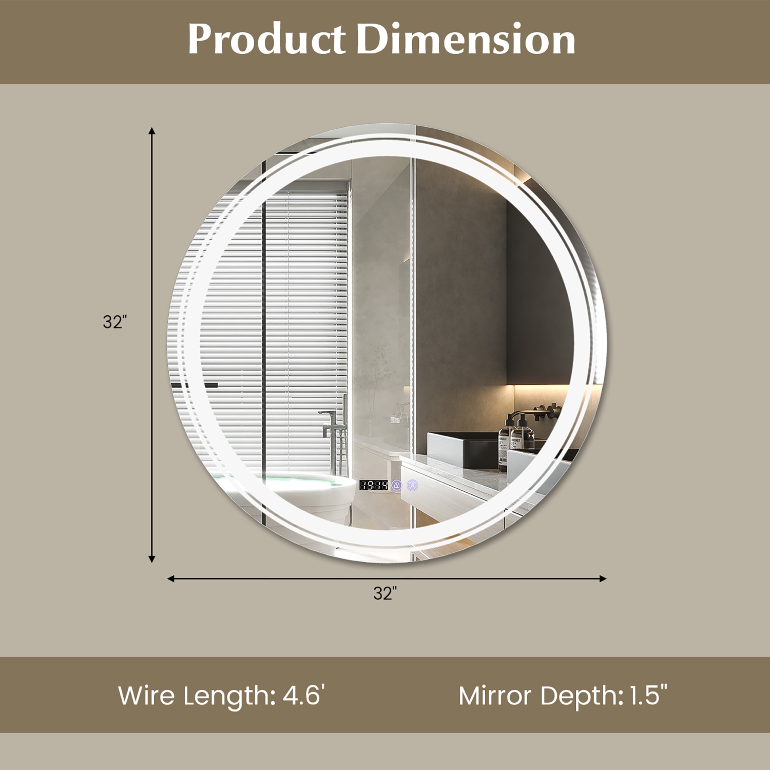 Gymax Round Led Bathroom Mirror w/ Temperature Display & 3 Color LED Lights Time