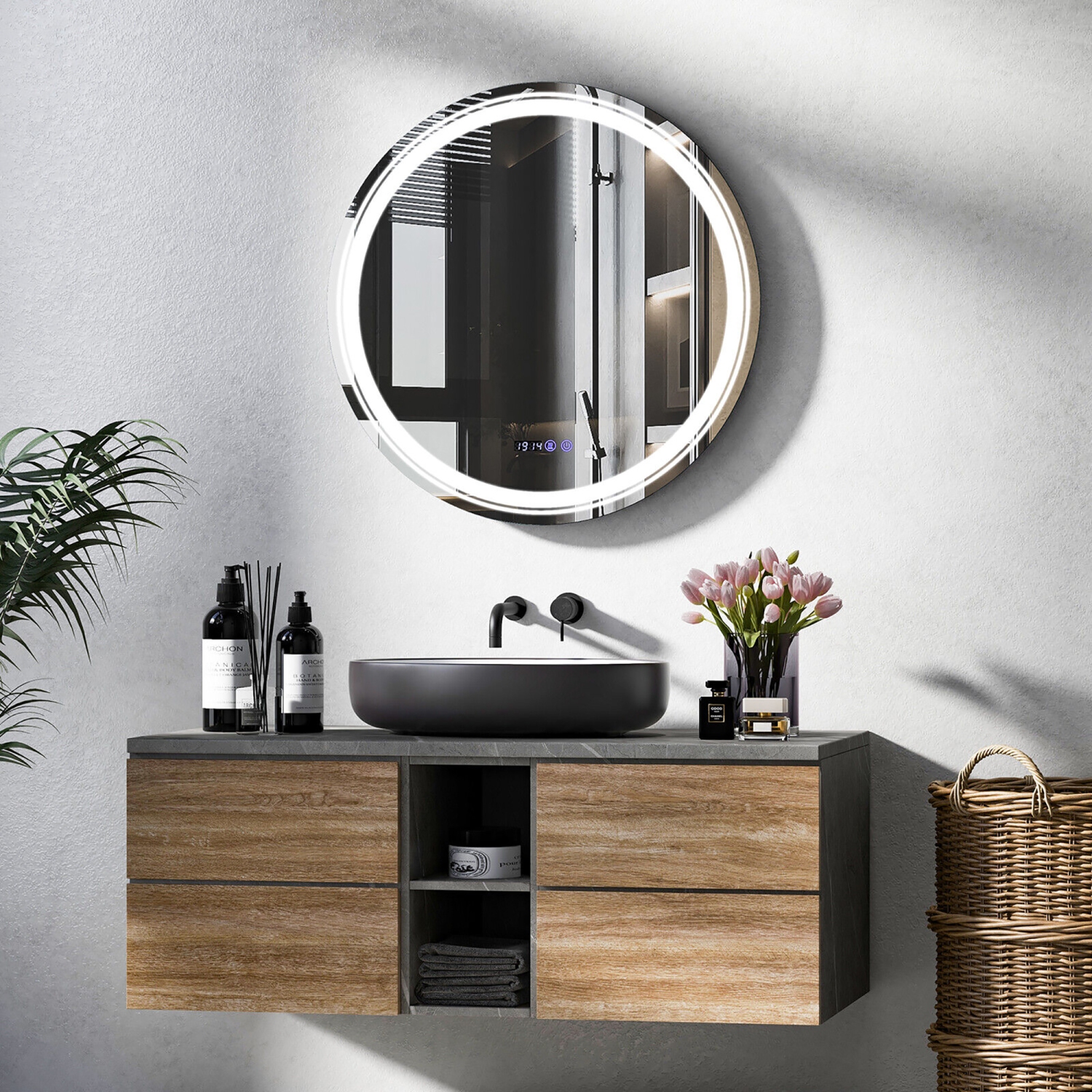 Gymax Round Led Bathroom Mirror w/ Temperature Display & 3 Color LED Lights Time