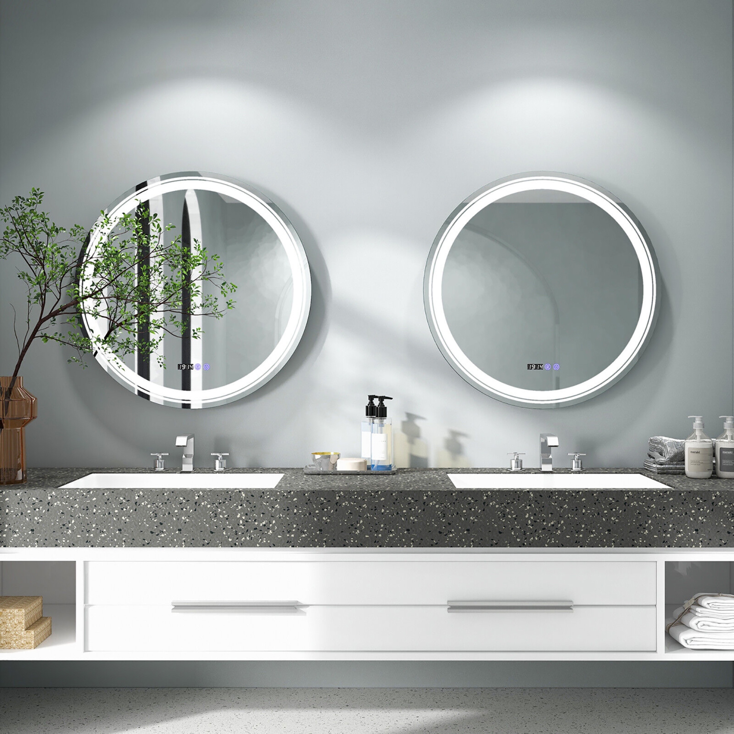 Gymax Round Led Bathroom Mirror w/ Temperature Display & 3 Color LED Lights Time