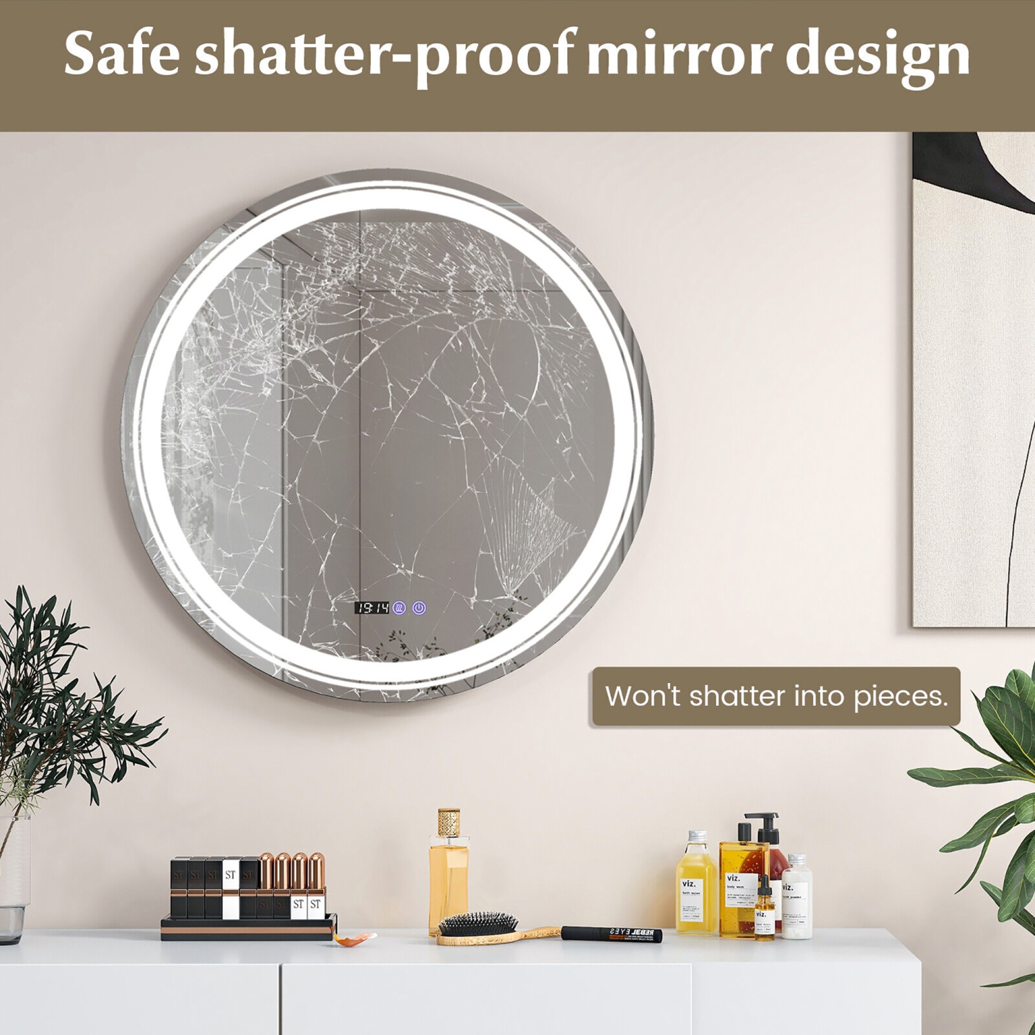 Gymax Round Led Bathroom Mirror w/ Temperature Display & 3 Color LED Lights Time