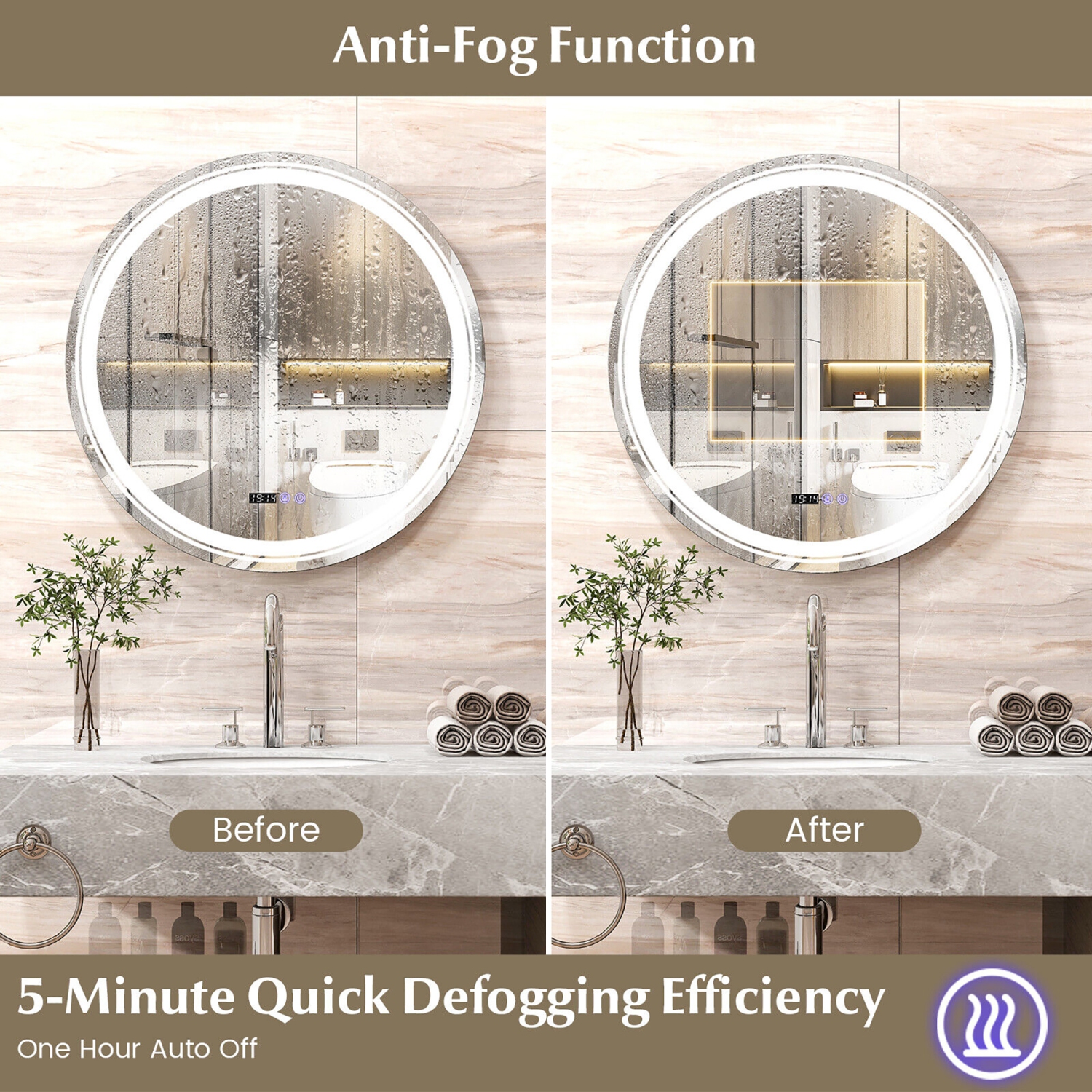 Gymax Round Led Bathroom Mirror w/ Temperature Display & 3 Color LED Lights Time