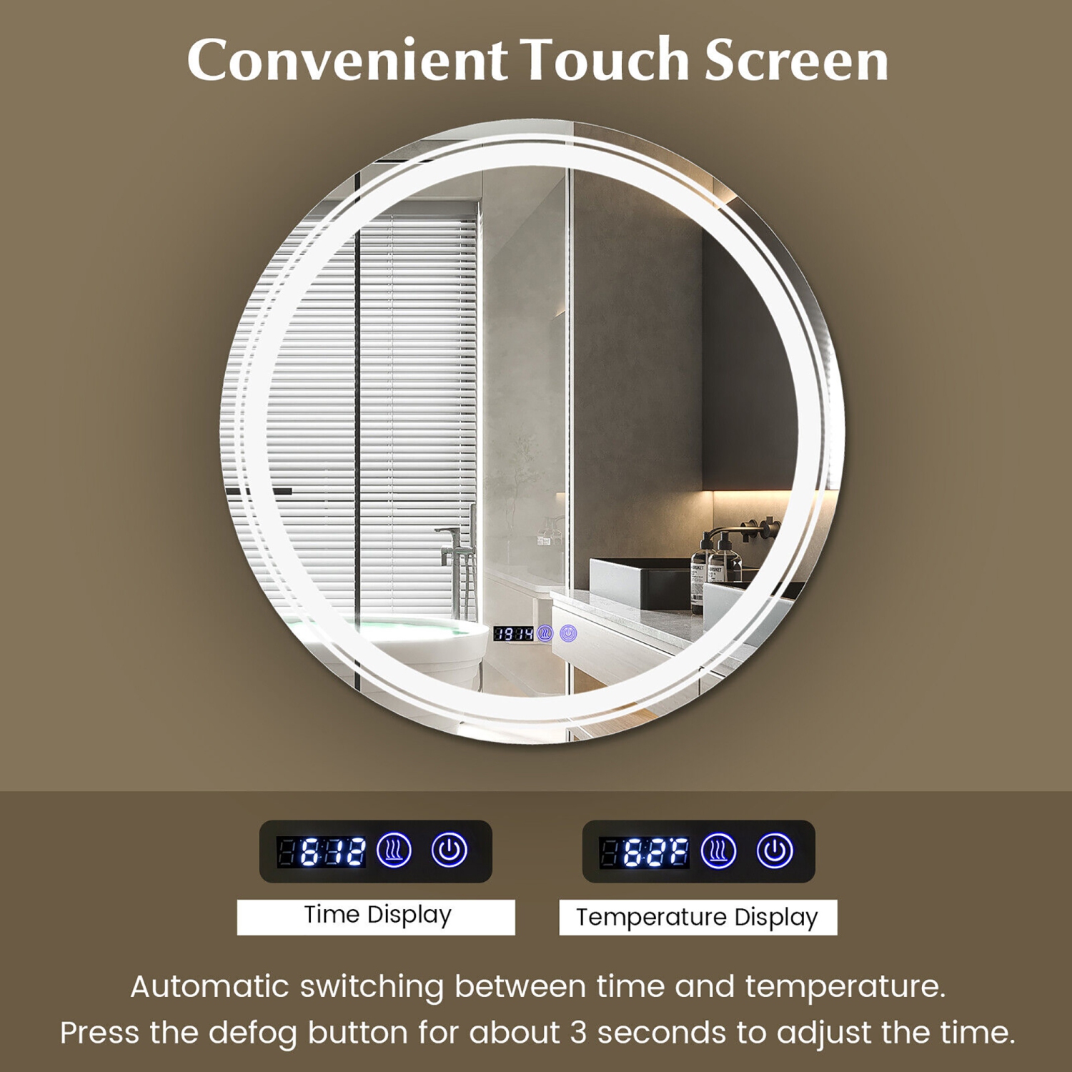 Gymax Round Led Bathroom Mirror w/ Temperature Display & 3 Color LED Lights Time