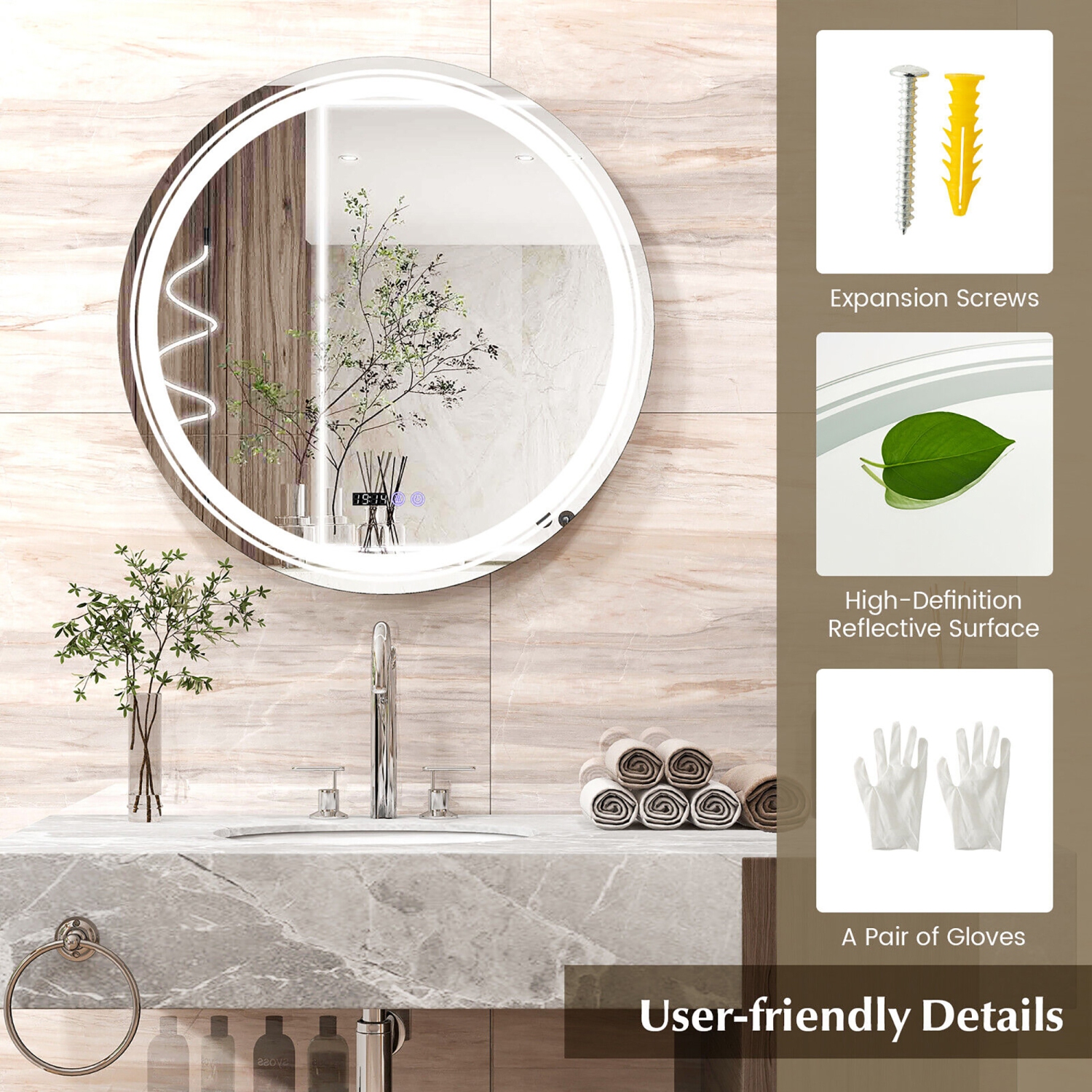 Gymax Round Led Bathroom Mirror w/ Temperature Display & 3 Color LED Lights Time