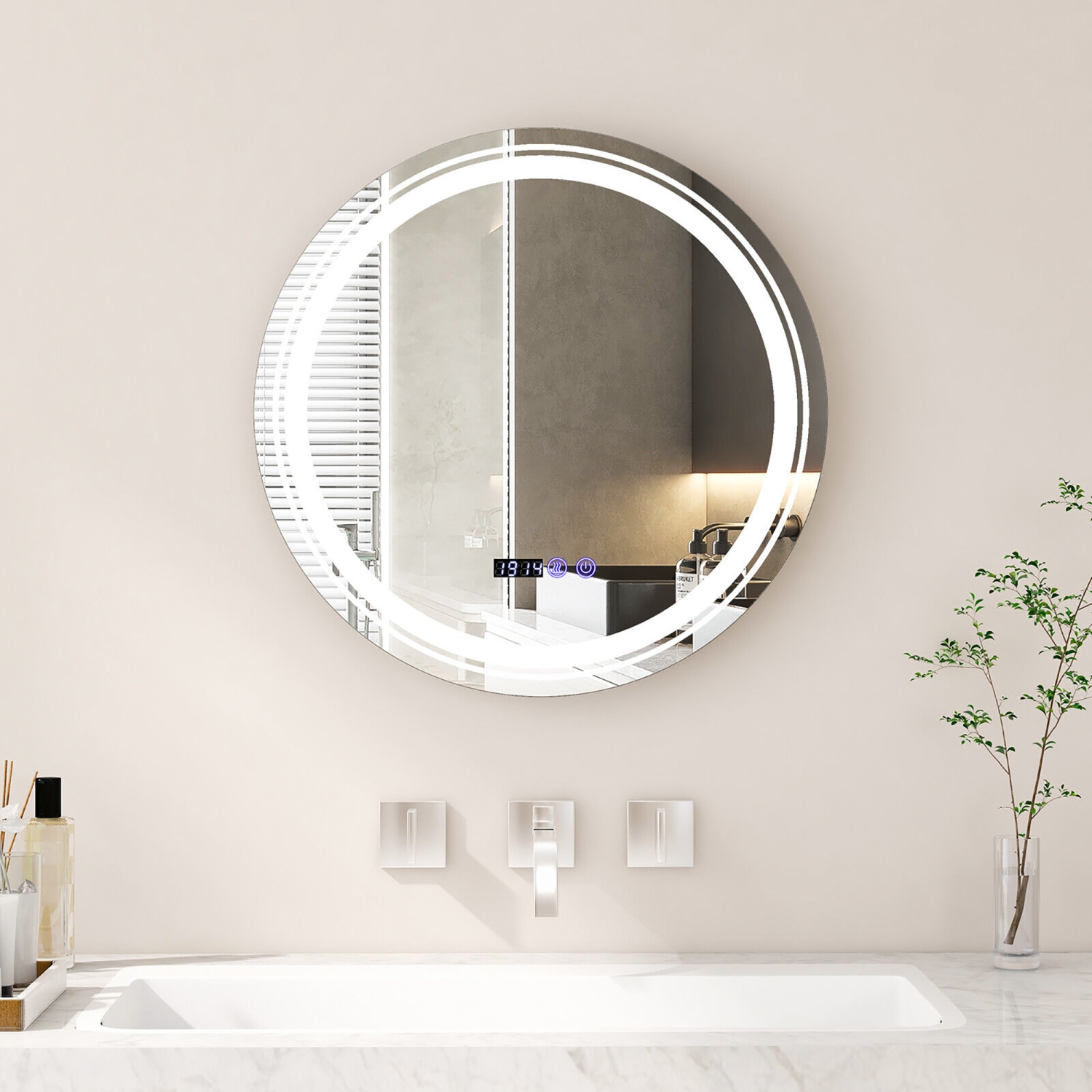 Gymax Round Led Bathroom Mirror w/ 3 Color LED Lights Time & Temperature Display Silver & White
