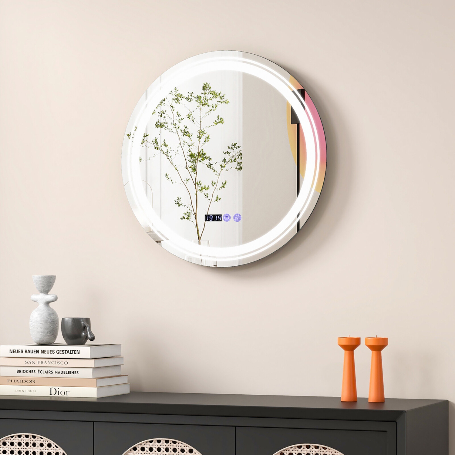Gymax Round Led Bathroom Mirror w/ 3 Color LED Lights Time & Temperature Display Silver & White