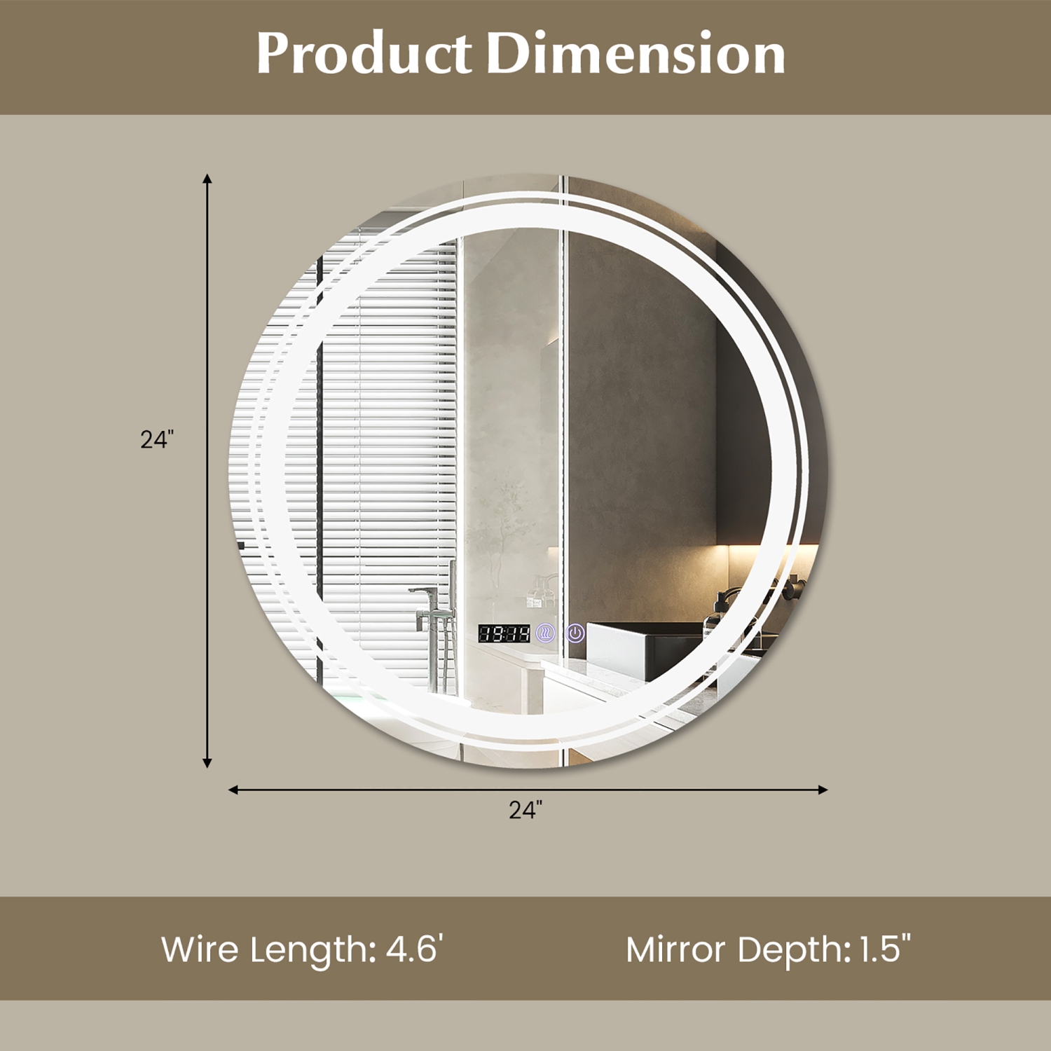 Gymax Round Led Bathroom Mirror w/ 3 Color LED Lights Time & Temperature Display Silver & White