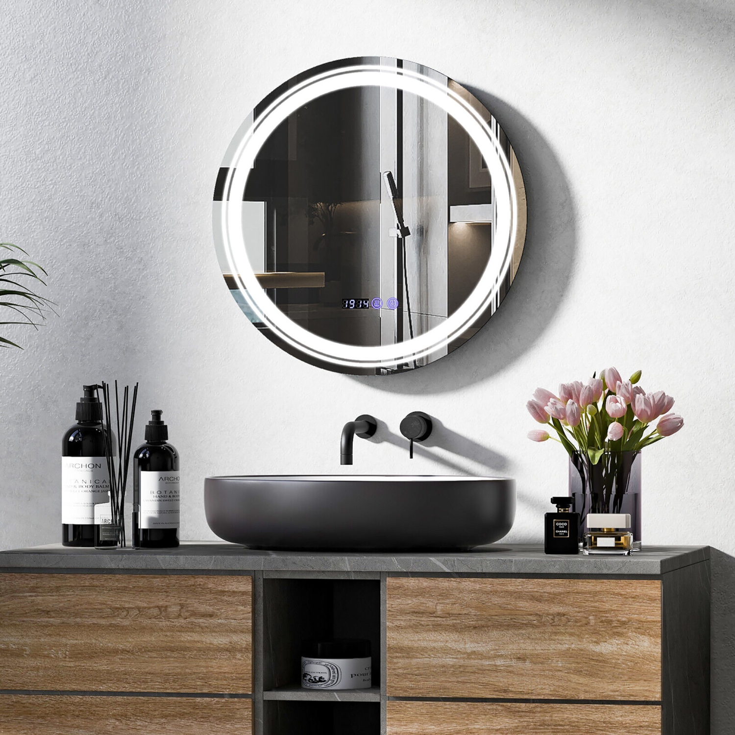 Gymax Round Led Bathroom Mirror w/ 3 Color LED Lights Time & Temperature Display Silver & White
