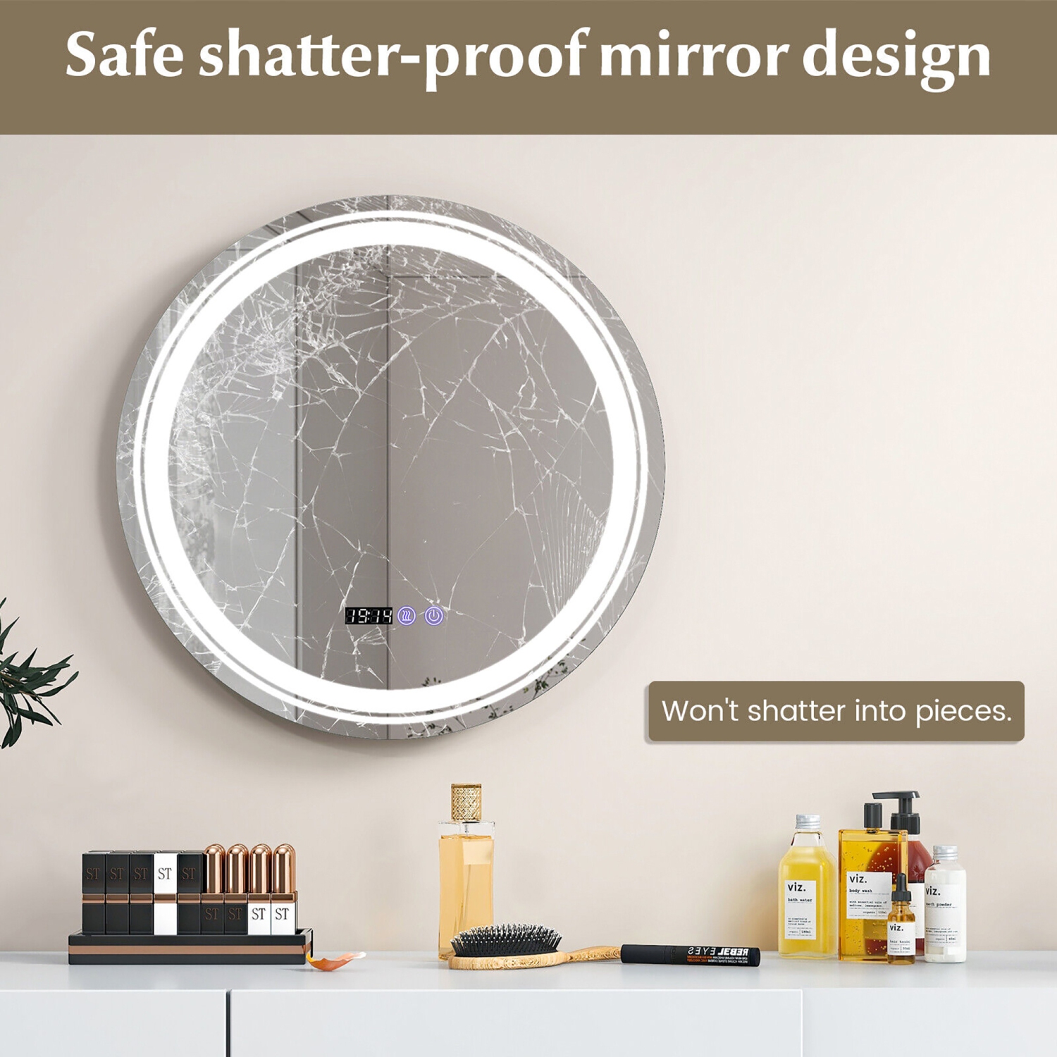 Gymax Round Led Bathroom Mirror w/ 3 Color LED Lights Time & Temperature Display Silver & White