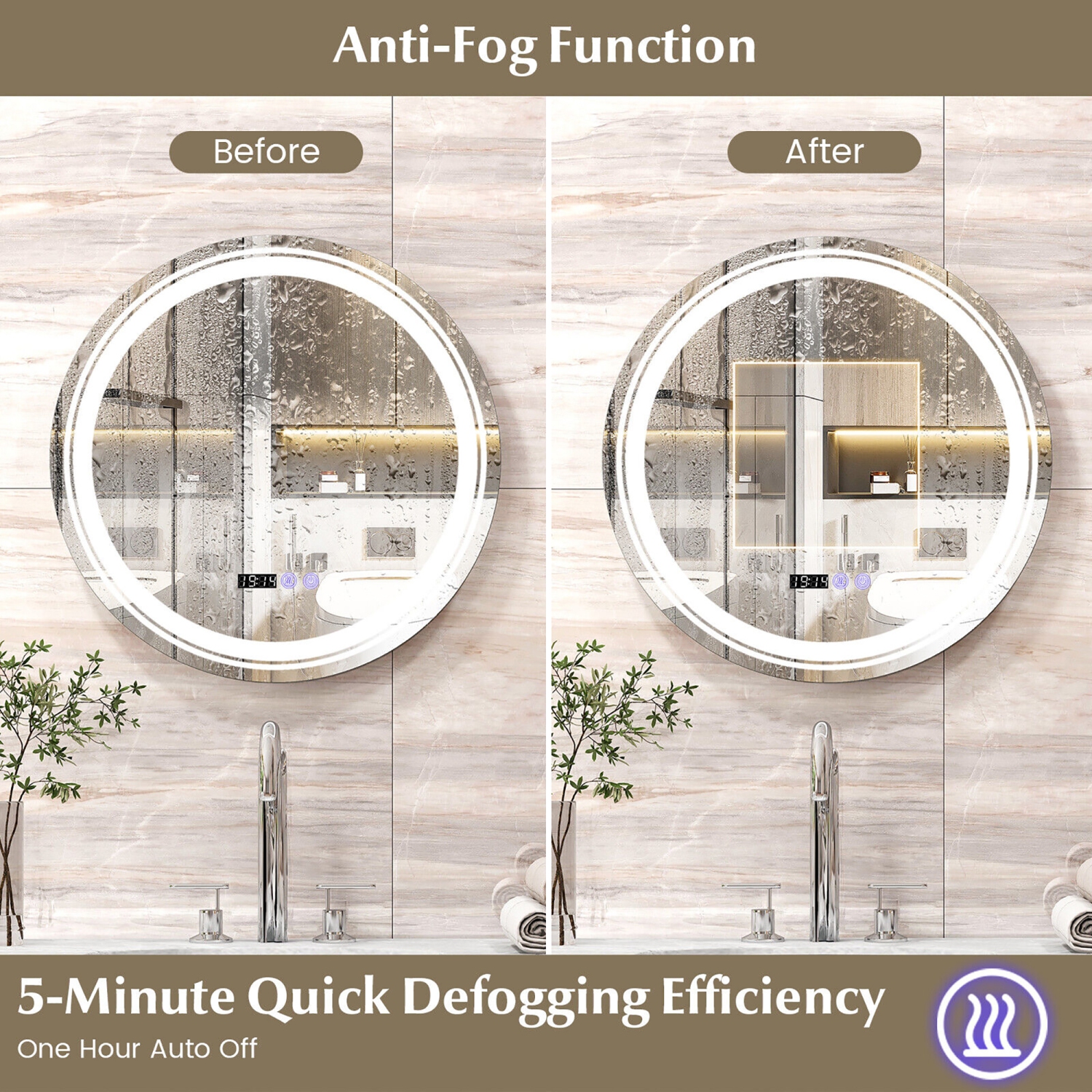 Gymax Round Led Bathroom Mirror w/ 3 Color LED Lights Time & Temperature Display Silver & White