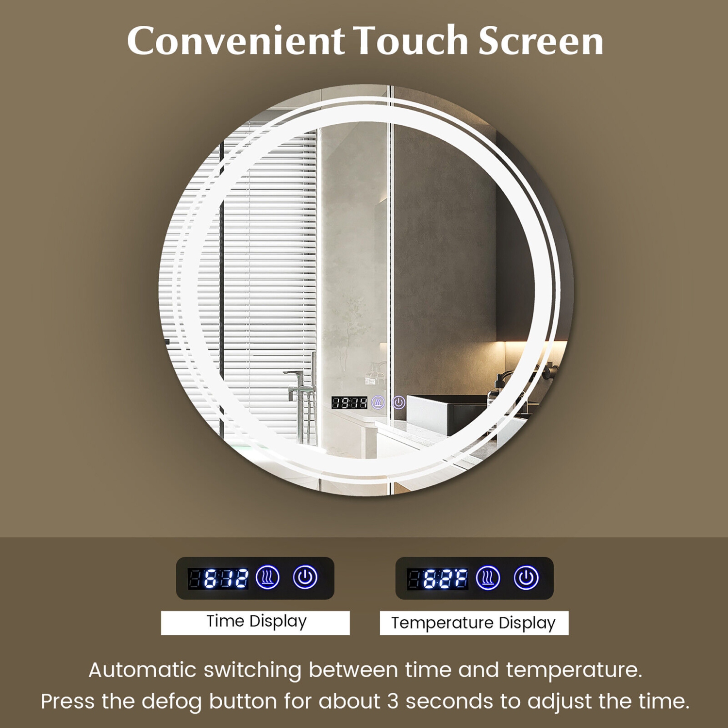 Gymax Round Led Bathroom Mirror w/ 3 Color LED Lights Time & Temperature Display Silver & White