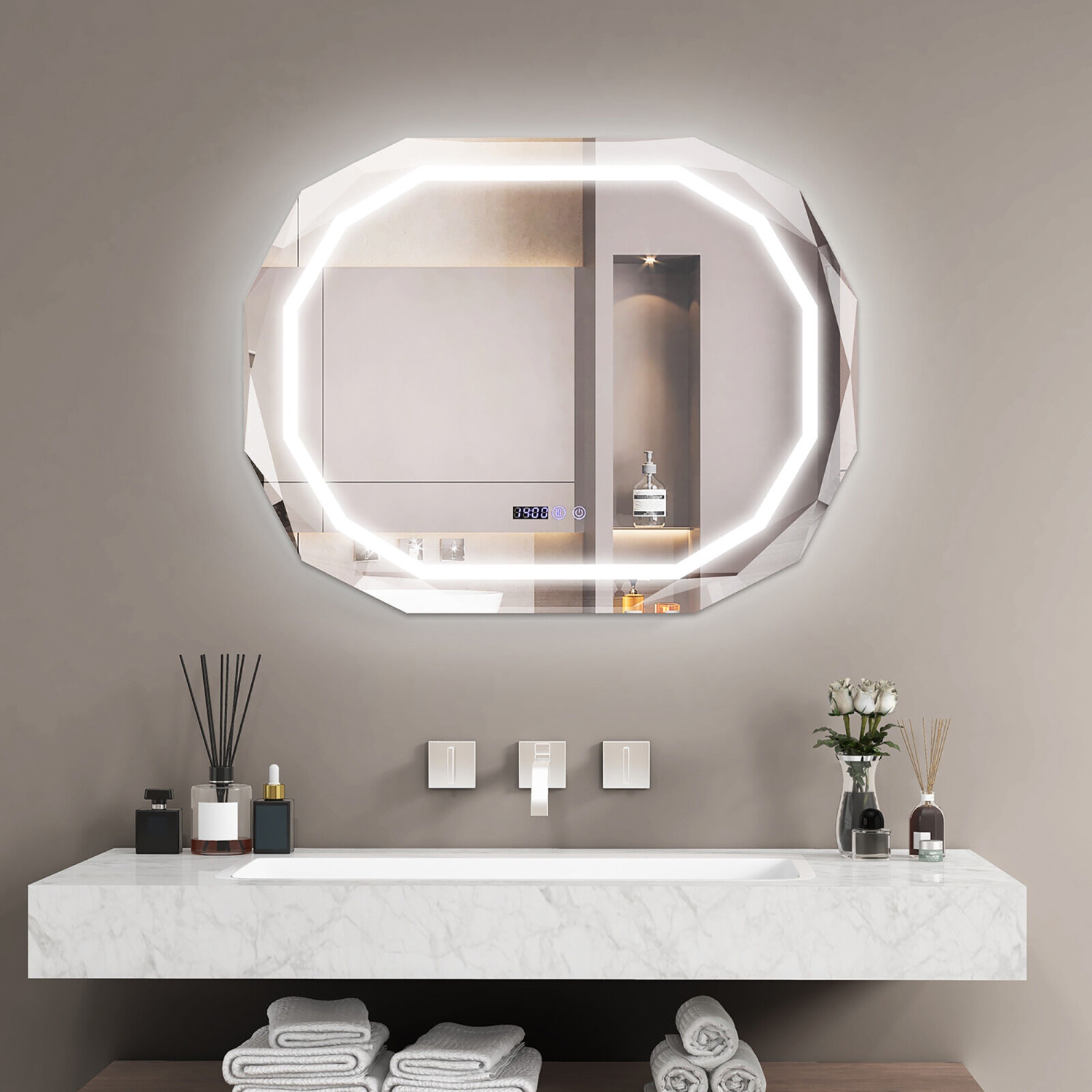 Gymax LED Bathroom Mirror w/ 3 Color LED Light Memory Function Time for Bathroom
