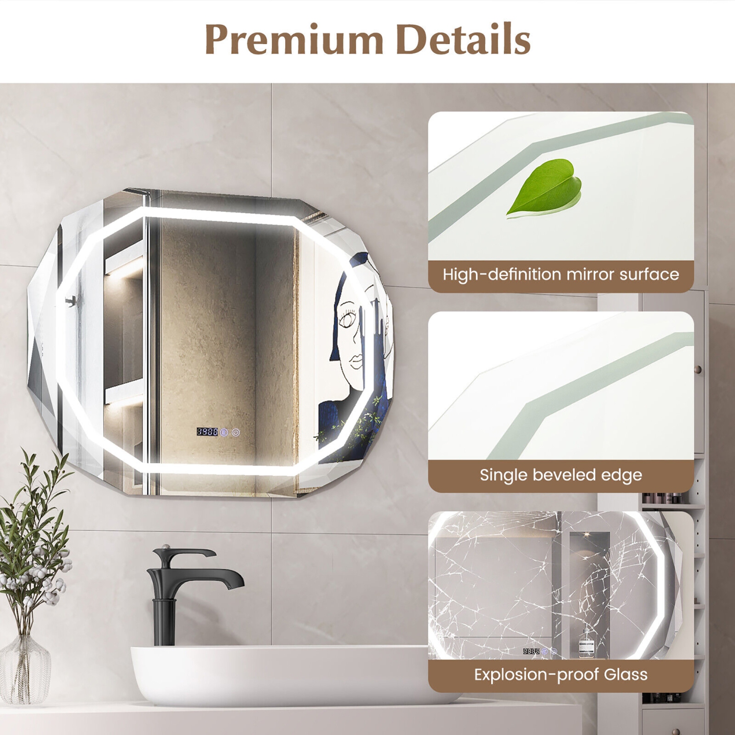 Gymax LED Bathroom Mirror w/ 3 Color LED Light Memory Function Time for Bathroom