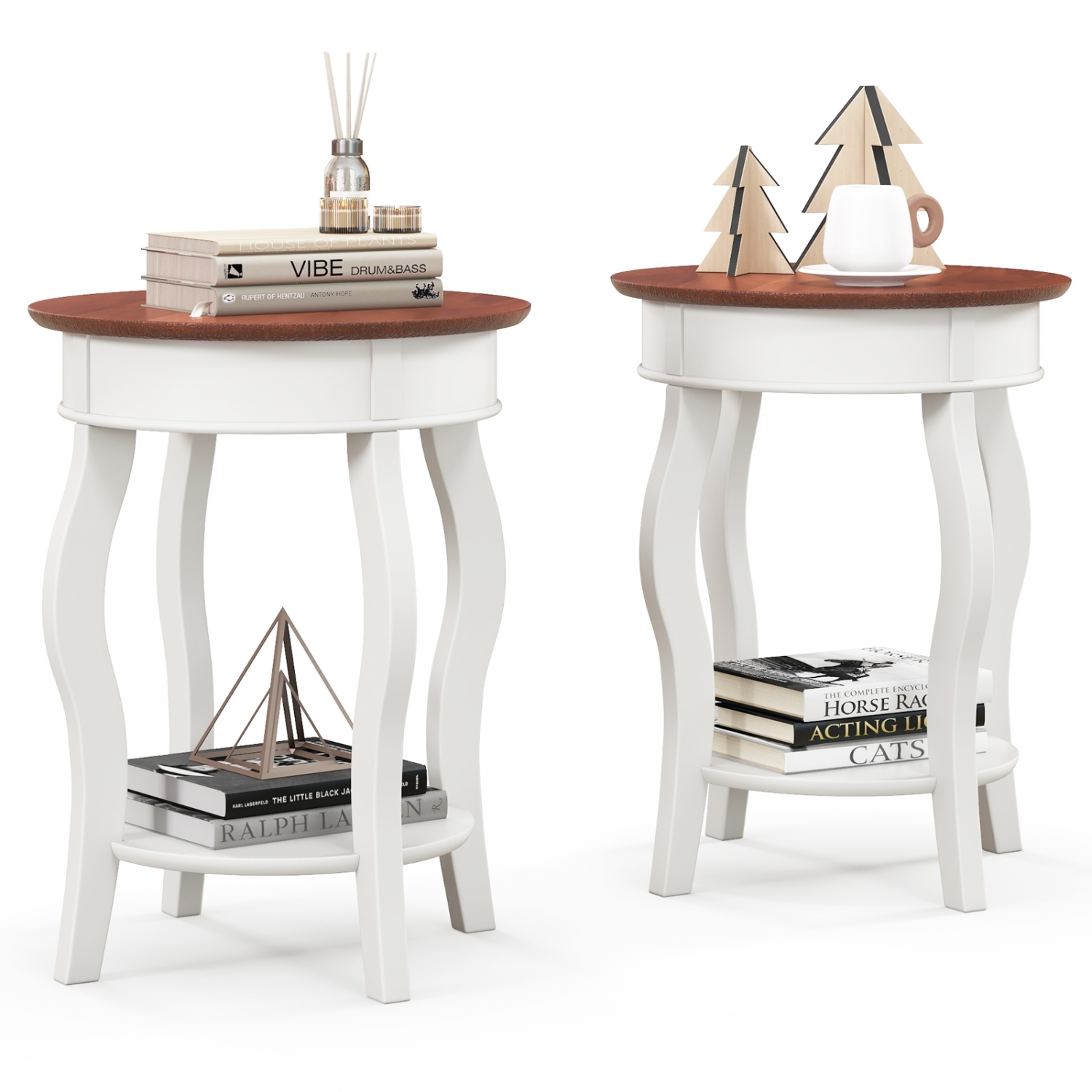 Gymax 2PCS 2-Tier Side Table w/ Storage Wooden Nightstand & Shelf & Solid Rubber Wood Legs