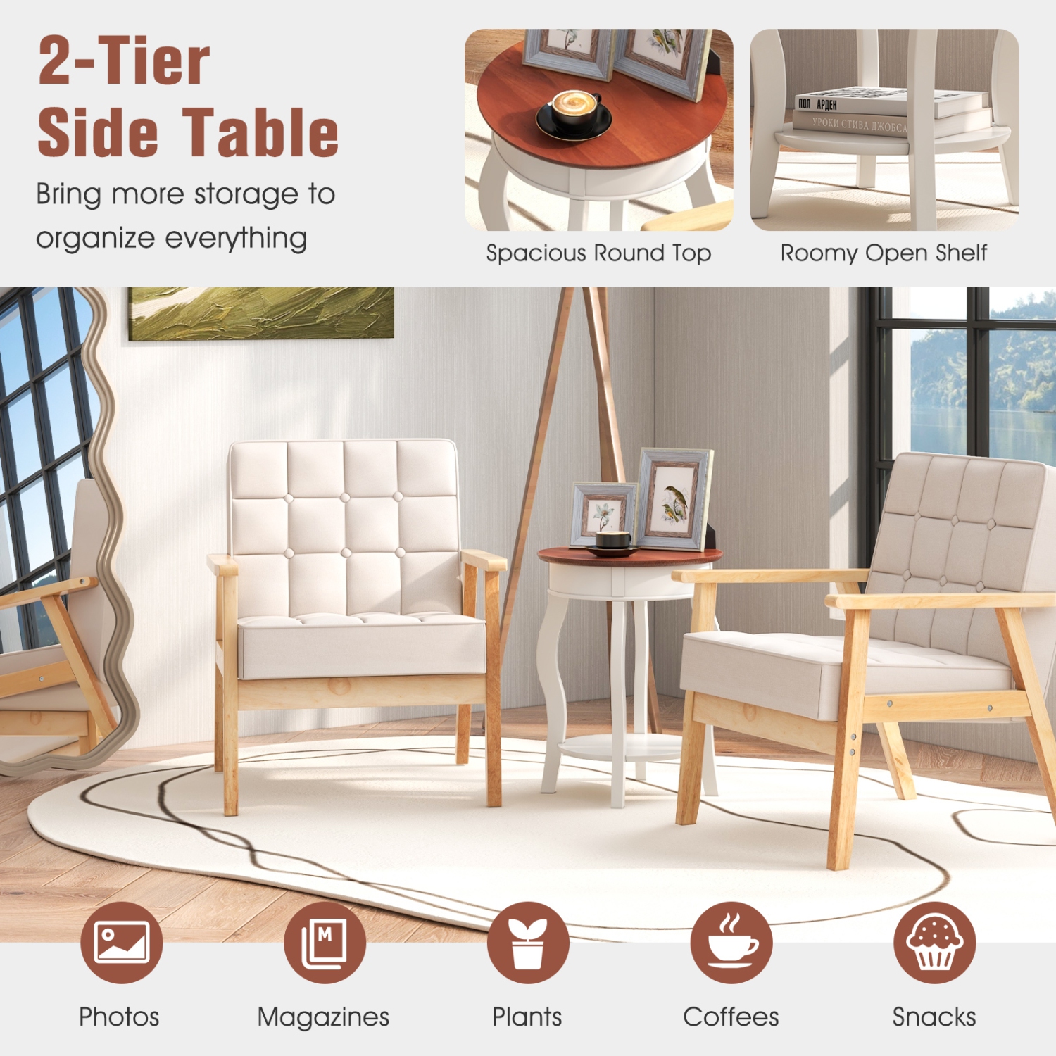 Gymax 2PCS 2-Tier Side Table w/ Storage Wooden Nightstand & Shelf & Solid Rubber Wood Legs