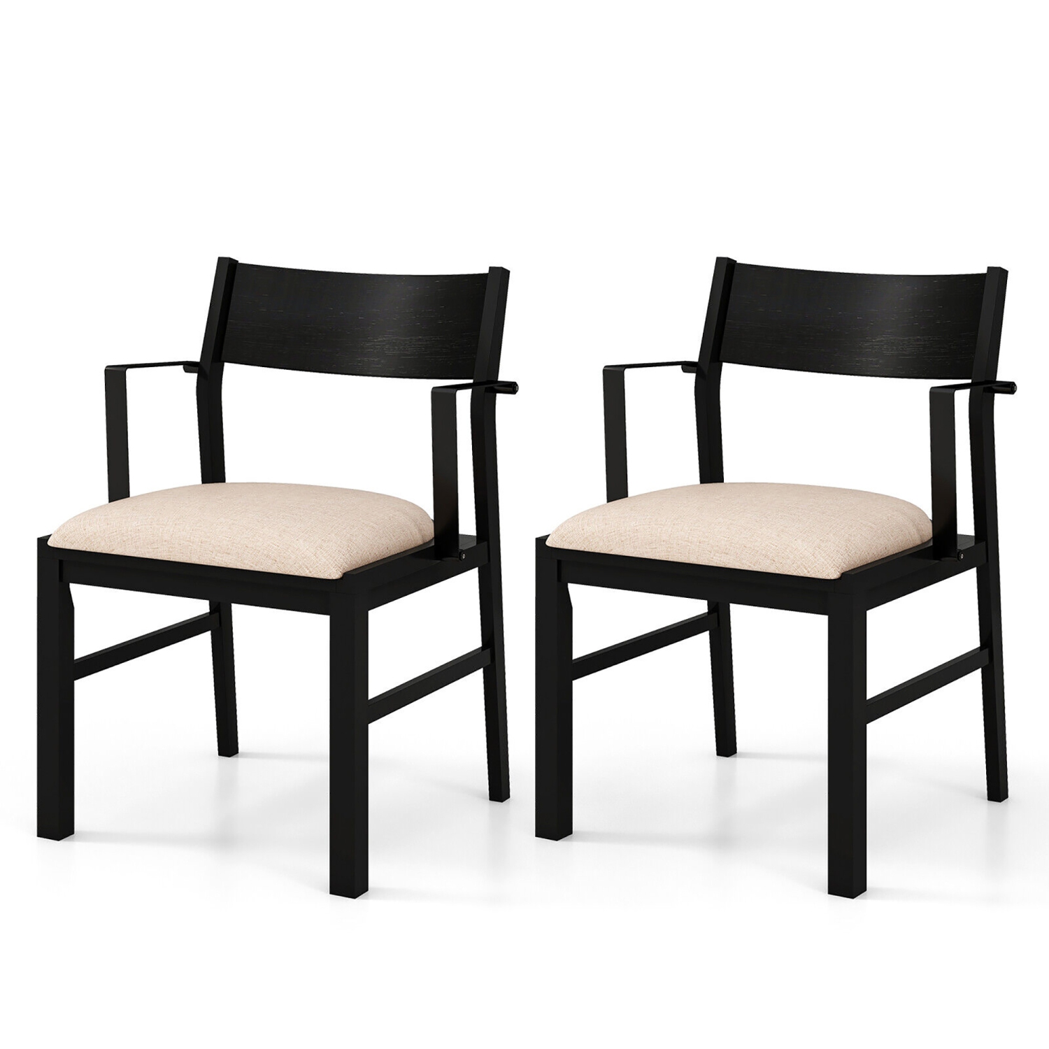 Gymax Dining Chair w/ Arms Set of 2 Modern Kitchen Chairs & Contoured Backrest Black & Beige