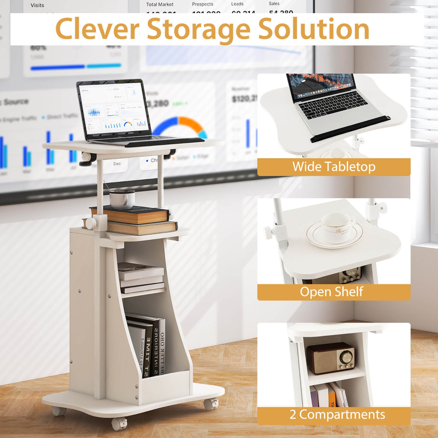 Gymax 2PCS Sit-to-Stand Laptop Desk Cart Rolling Mobile Height Adjustable w/ Storage