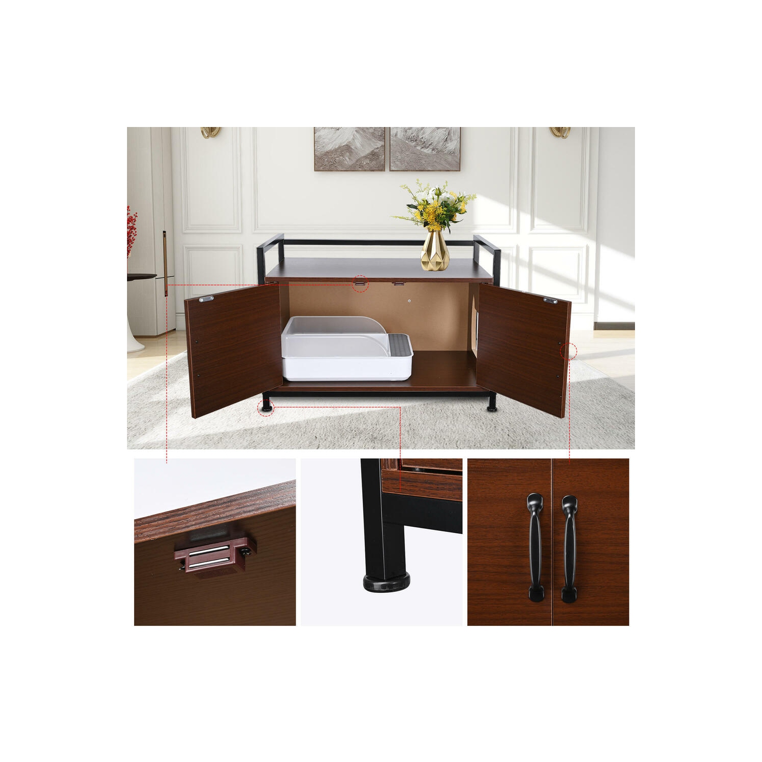 Large Space Cat Litter Box Enclosure, Hidden Cat Washroom Furniture, Wooden Cat Litter Cabinet Storage Bench with a Side Window