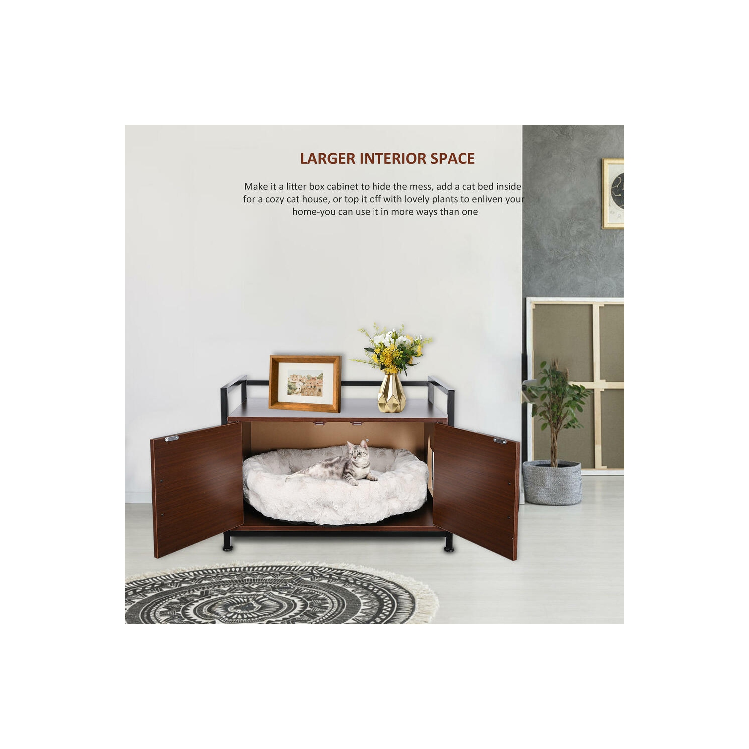 Large Space Cat Litter Box Enclosure, Hidden Cat Washroom Furniture, Wooden Cat Litter Cabinet Storage Bench with a Side Window