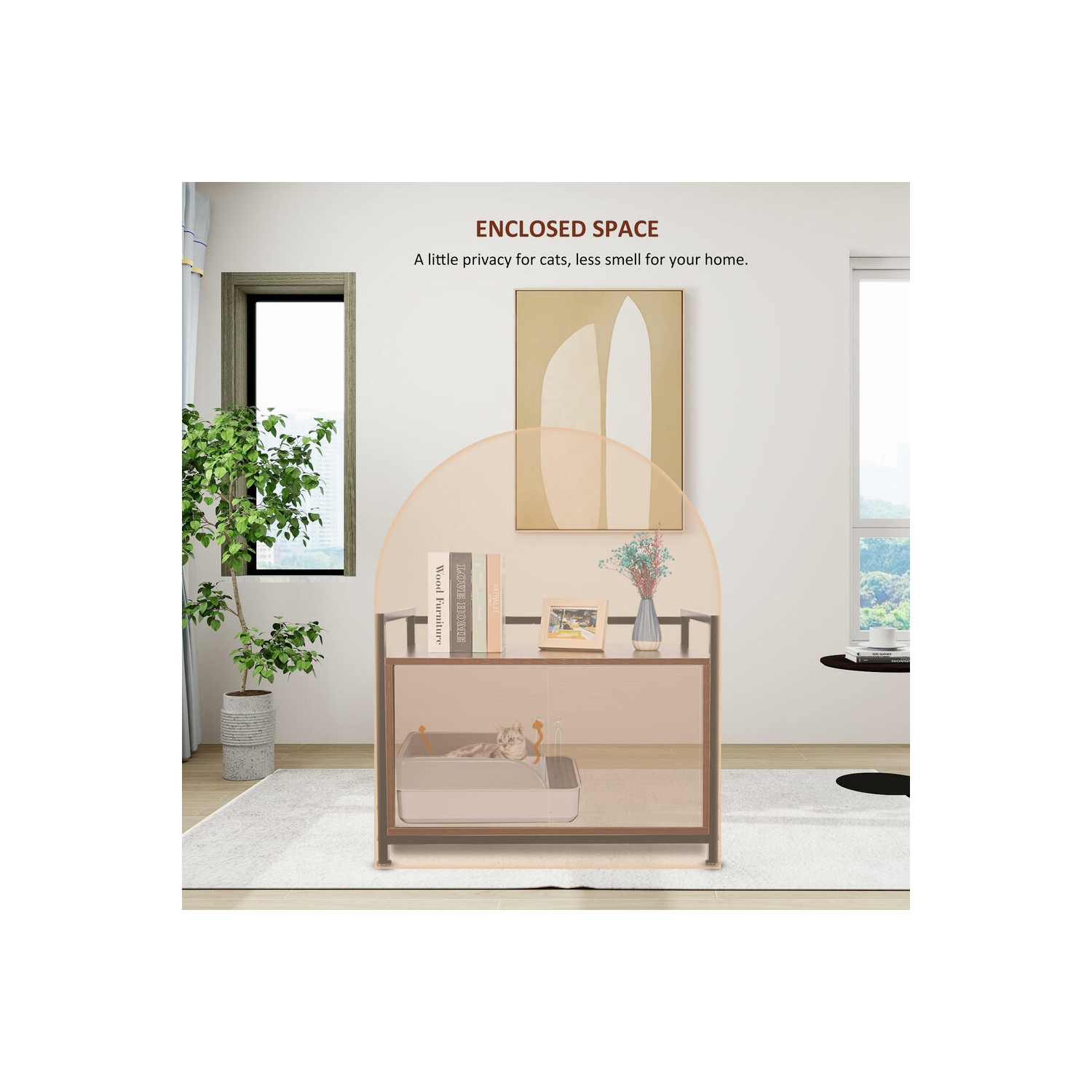 Large Space Cat Litter Box Enclosure, Hidden Cat Washroom Furniture, Wooden Cat Litter Cabinet Storage Bench with a Side Window