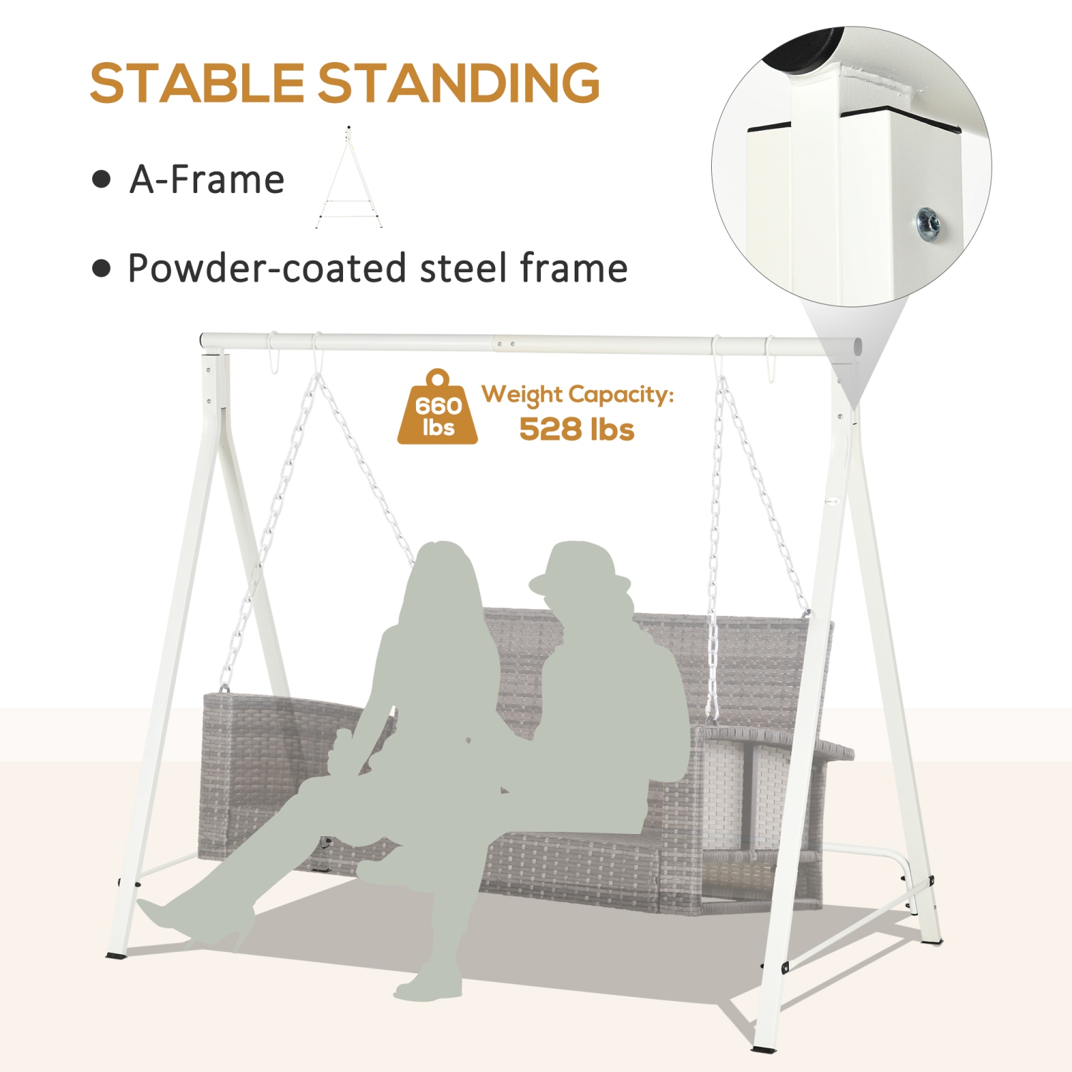 Outsunny Metal Porch Swing Stand, A-Frame Swing Frame with 4 Rings, Hanging Chair Stand Only, 528 LBS Weight Capacity, for Backyard, Patio, Lawn,