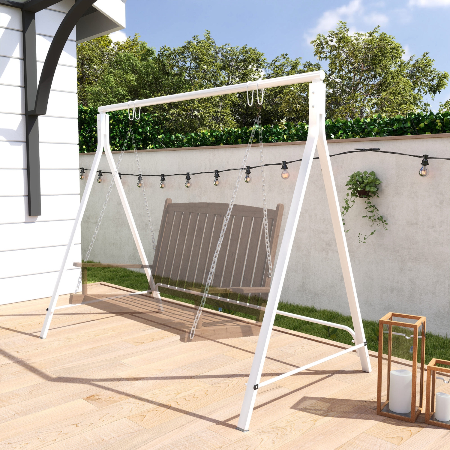 Outsunny Metal Porch Swing Stand, A-Frame Swing Frame with 4 Rings, Hanging Chair Stand Only, 528 LBS Weight Capacity, for Backyard, Patio, Lawn,