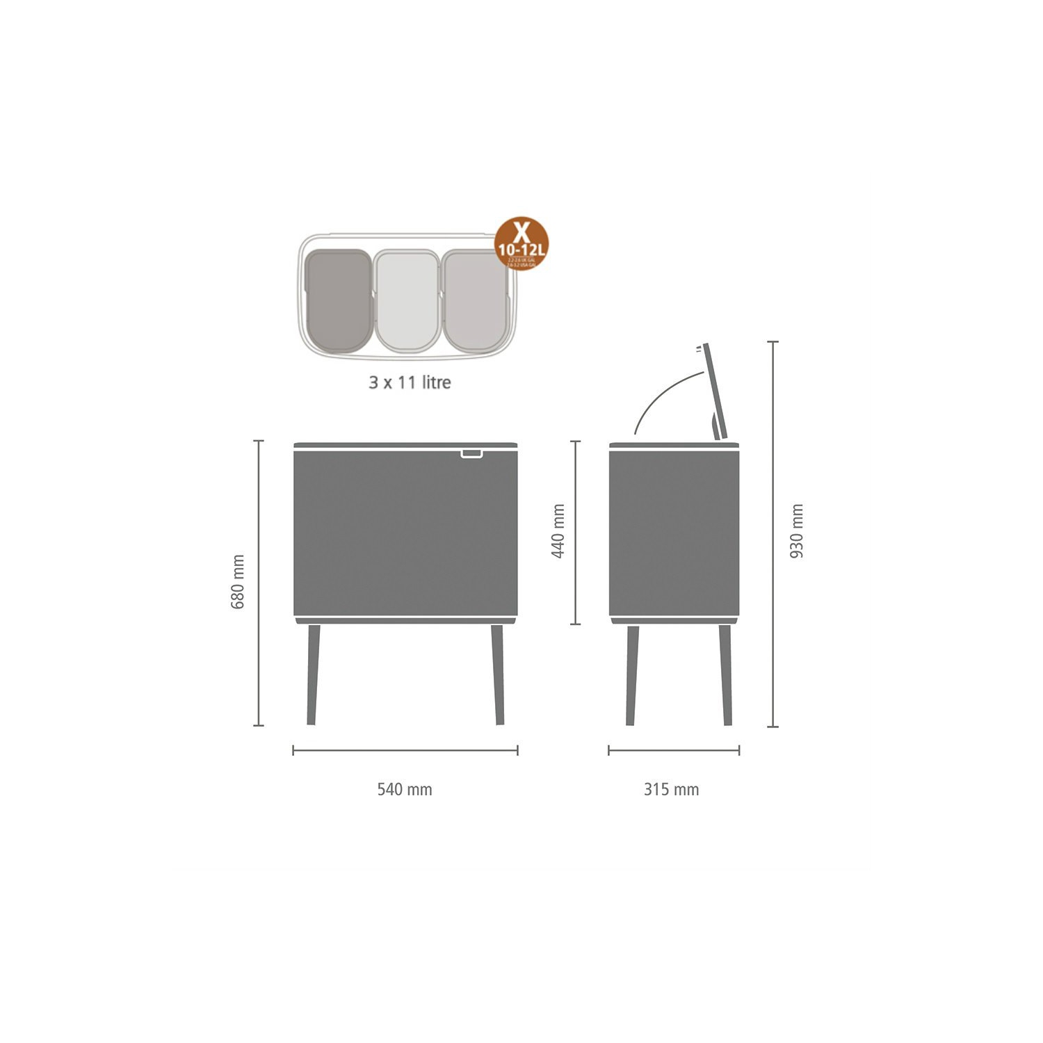 Brabantia – bac tactile Bo avec compartiments en plastique, 3 x acier mat 11&nbsp;L résistant aux traces de doigts, 3 intérieur
