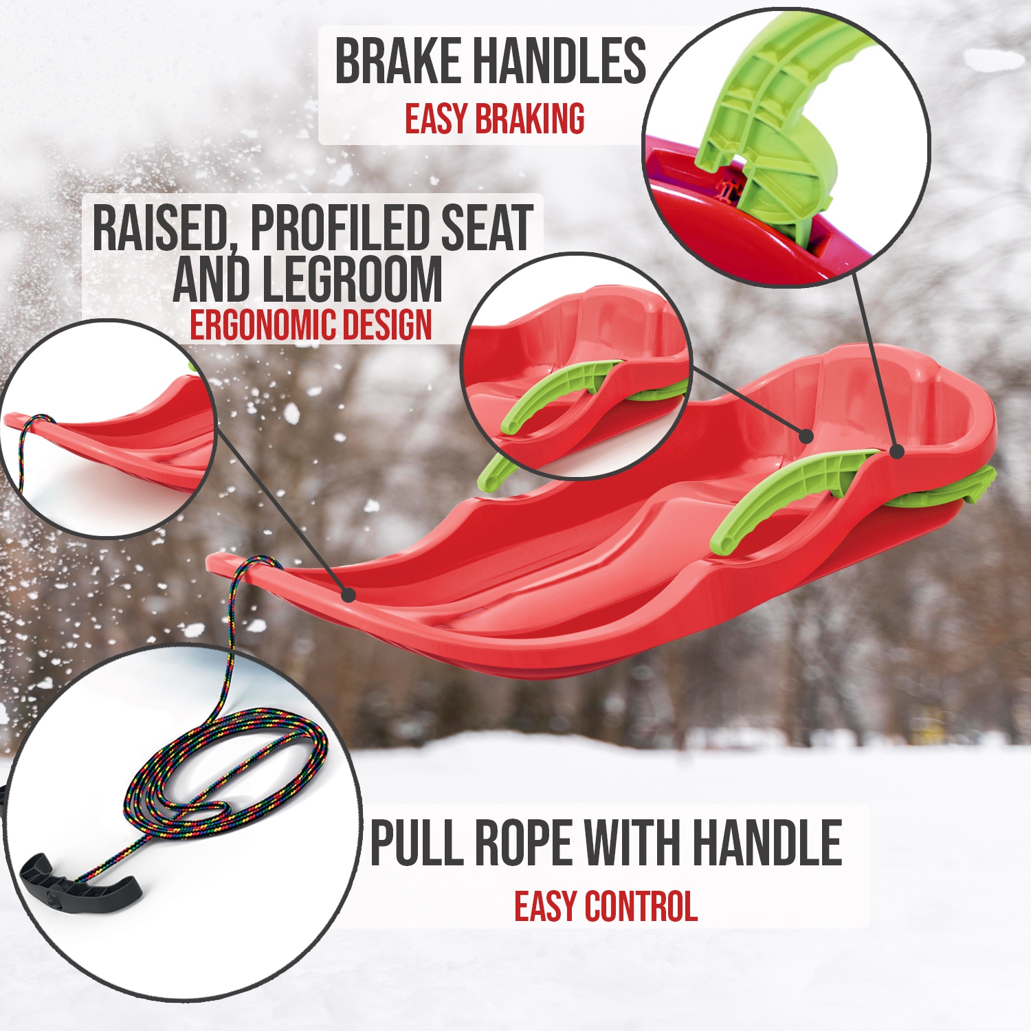 ArcticThrill Snow Sled for Kids - IcePulse Sledge - Single Rider Racer Toboggan with Pull Rope and Brake Handles; Outdoor Plastic Winter Sleigh for