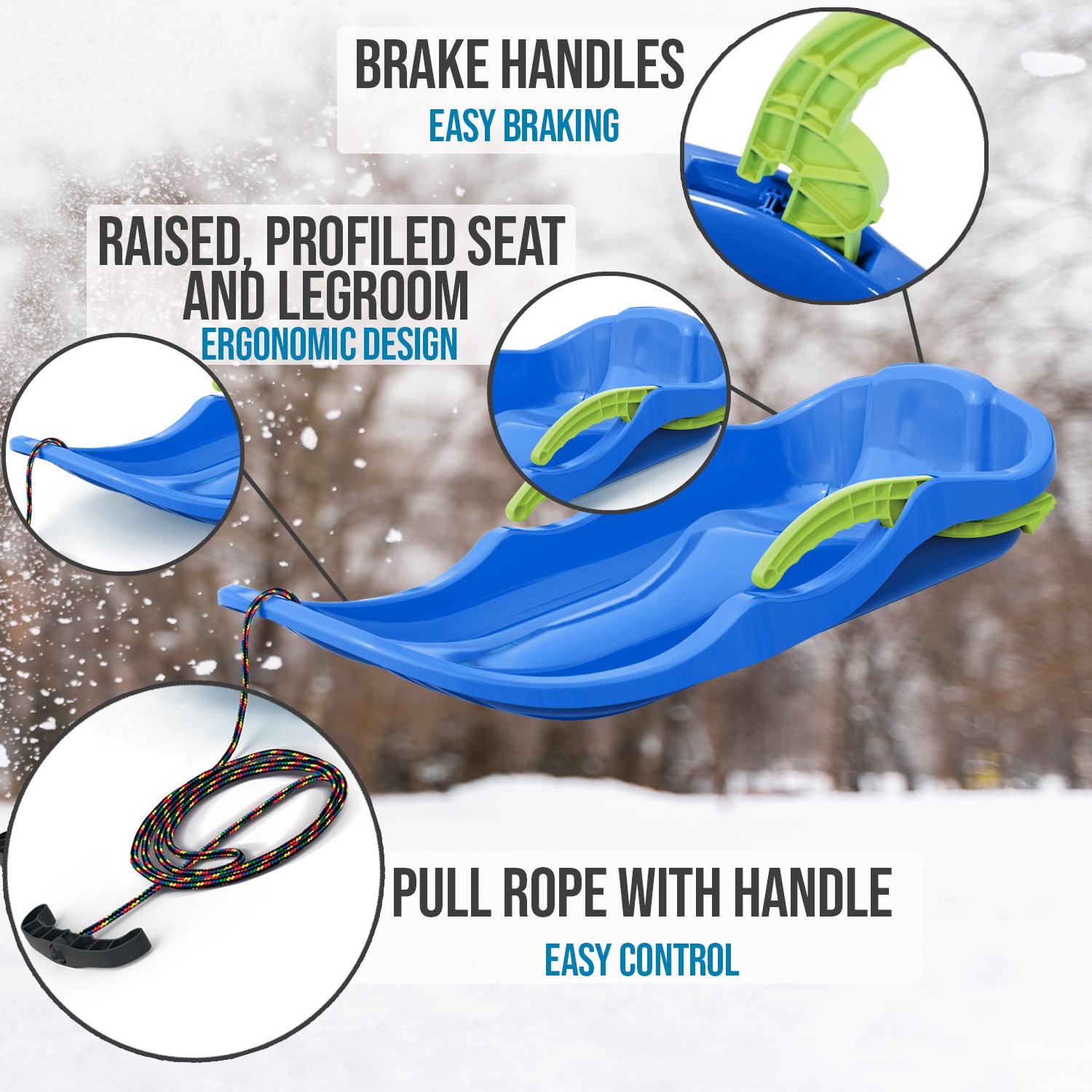 ArcticThrill Snow Sled for Kids - IcePulse Sledge - Single Rider Racer Toboggan with Pull Rope and Brake Handles; Outdoor Plastic Winter Sleigh for