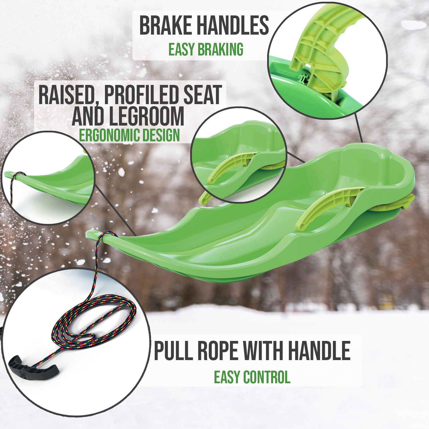 ArcticThrill Snow Sled for Kids - IcePulse Sledge - Single Rider Racer Toboggan with Pull Rope and Brake Handles; Outdoor Plastic Winter Sleigh for