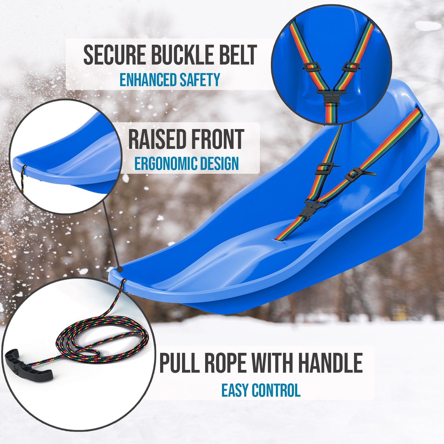 ArcticThrill Snow Sled for Kids - ExploRide Sledge - Toboggan with Pull Rope and Safety Belt; Outdoor Plastic Winter Sleigh for Toddlers & Kids
