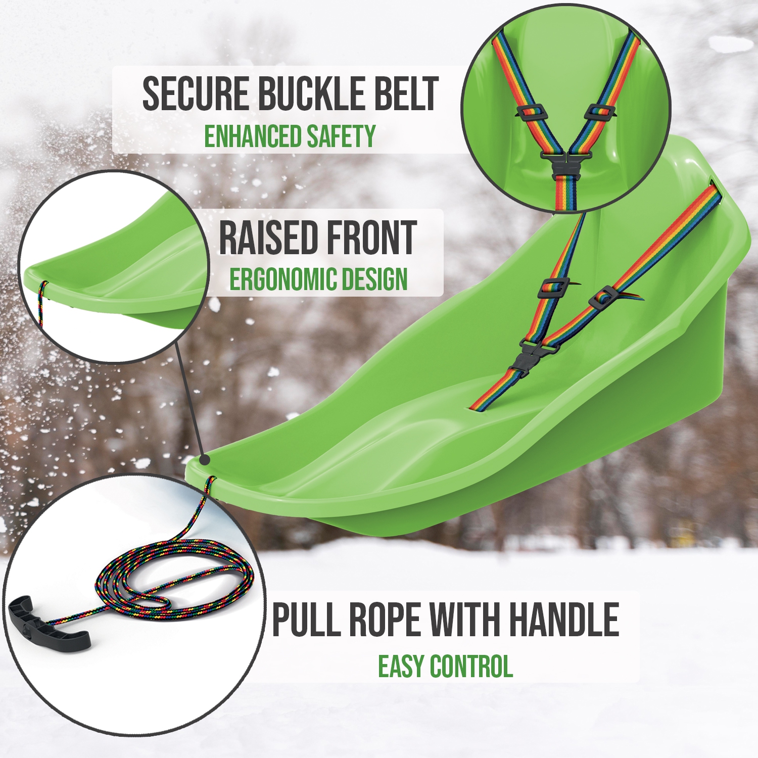 ArcticThrill Snow Sled for Kids - ExploRide Sledge - Toboggan with Pull Rope and Safety Belt; Outdoor Plastic Winter Sleigh for Toddlers & Kids