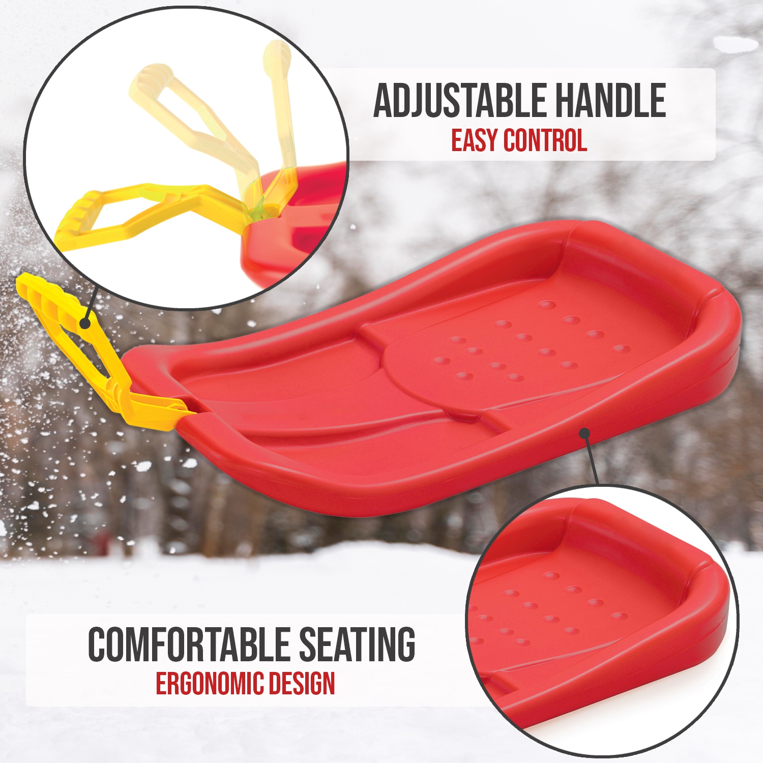 ArcticThrill Snow Sled for Kids - SnowPilot Slider - Single Rider Downhill Toboggan with Adjustable Handle; Outdoor Plastic Winter Sleigh for