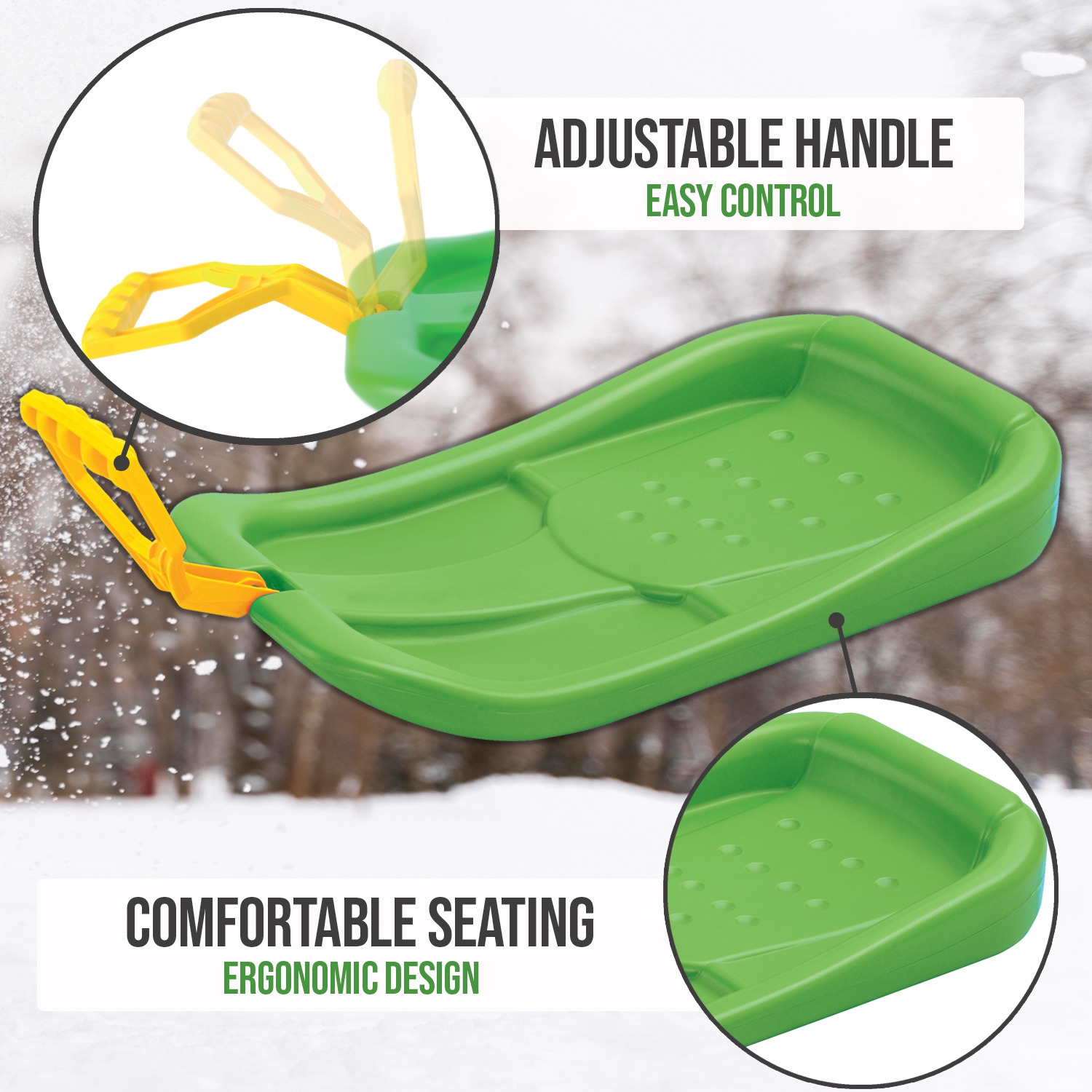 ArcticThrill Snow Sled for Kids - SnowPilot Slider - Single Rider Downhill Toboggan with Adjustable Handle; Outdoor Plastic Winter Sleigh for