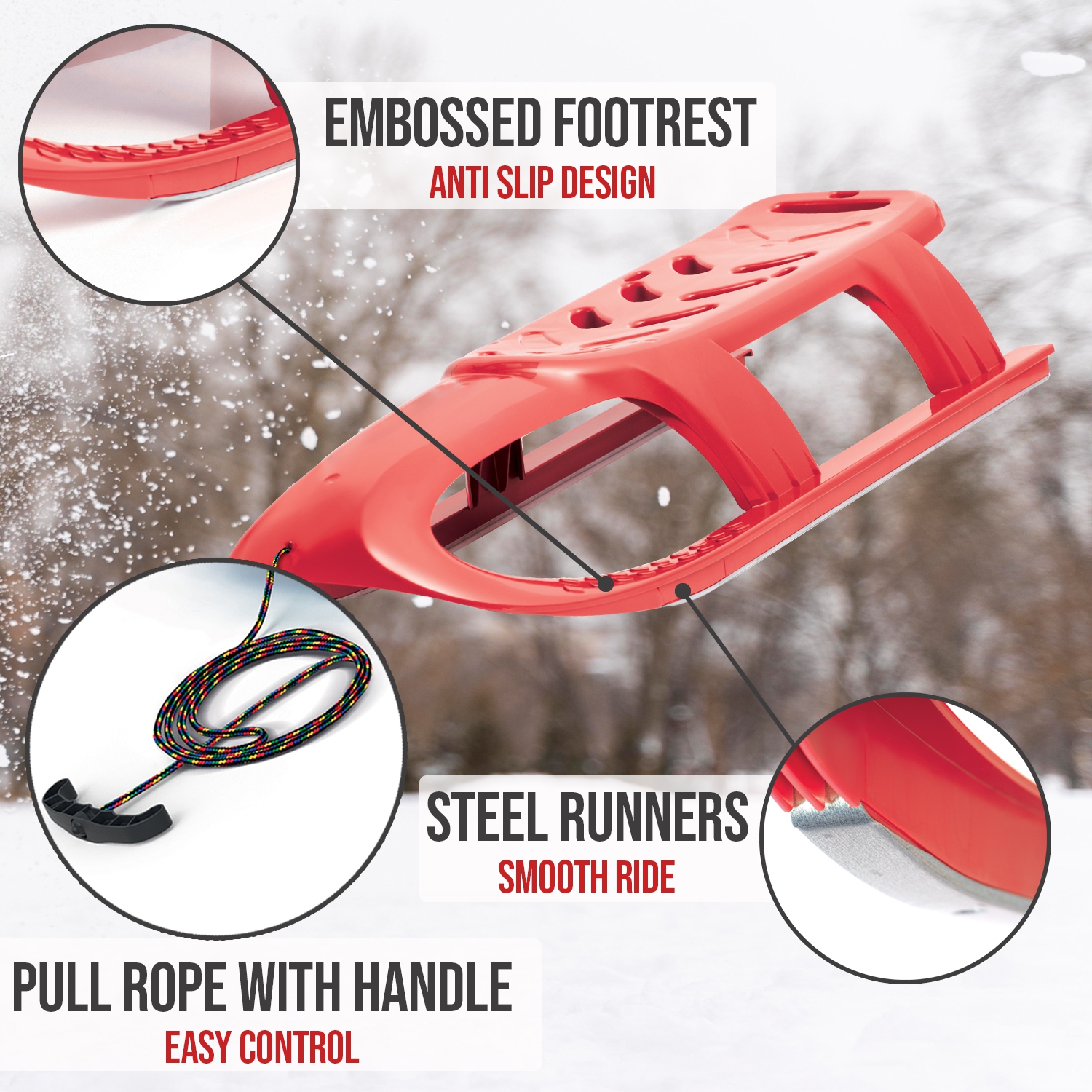 ArcticThrill Snow Sled for Kids - SnowRocket Sledge - Single Rider Racer Toboggan with Pull Rope; Outdoor Plastic Winter Sleigh for Toddlers & Kids