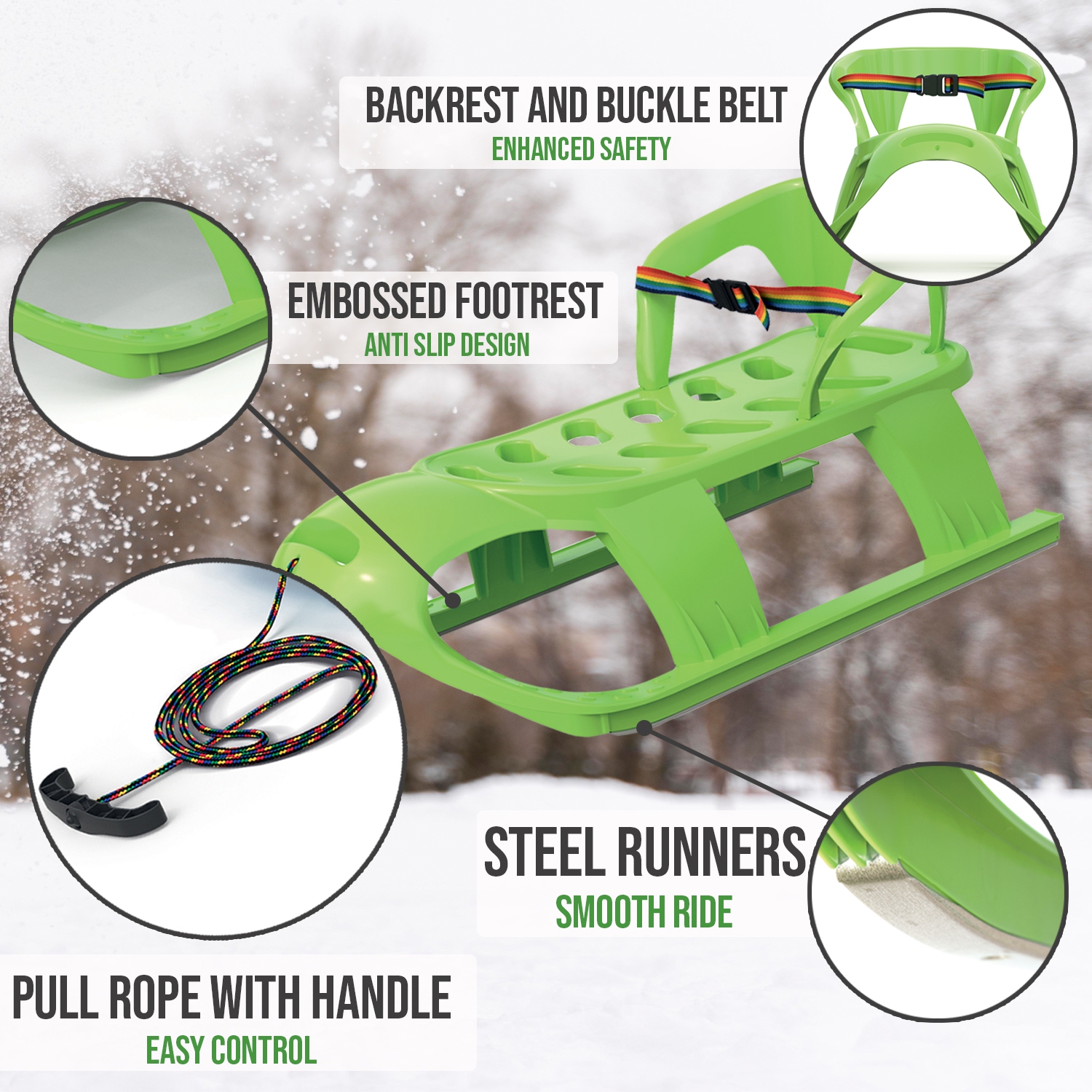 ArcticThrill Snow Sled for Kids - SnowCruise Sledge - Toboggan with Pull Rope, Backrest and Safety Belt; Outdoor Plastic Winter Sleigh for Toddlers &