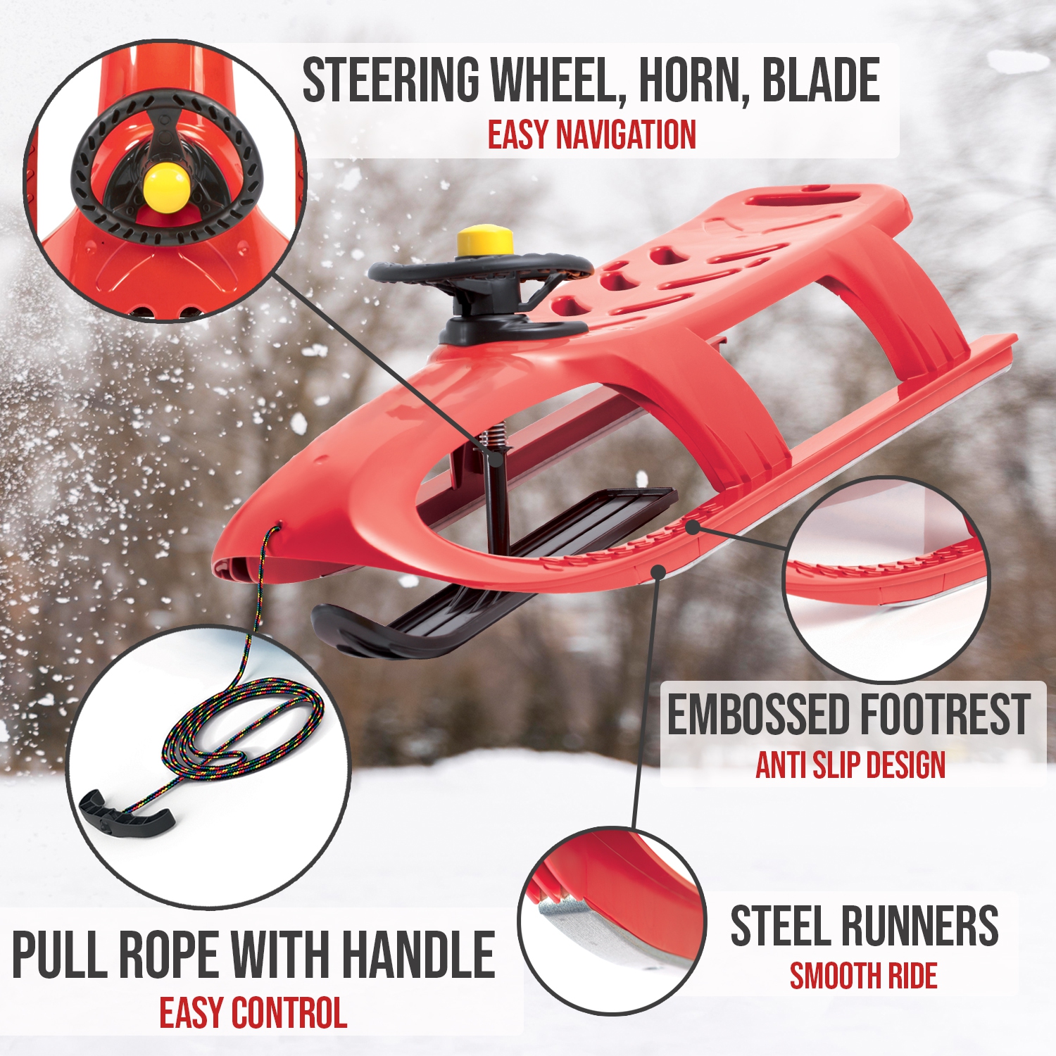 ArcticThrill Snow Sled for Kids - SnowRush Sledge - Single Rider Racer Toboggan with Pull Rope and Steering Wheel; Outdoor Plastic Winter Sleigh for