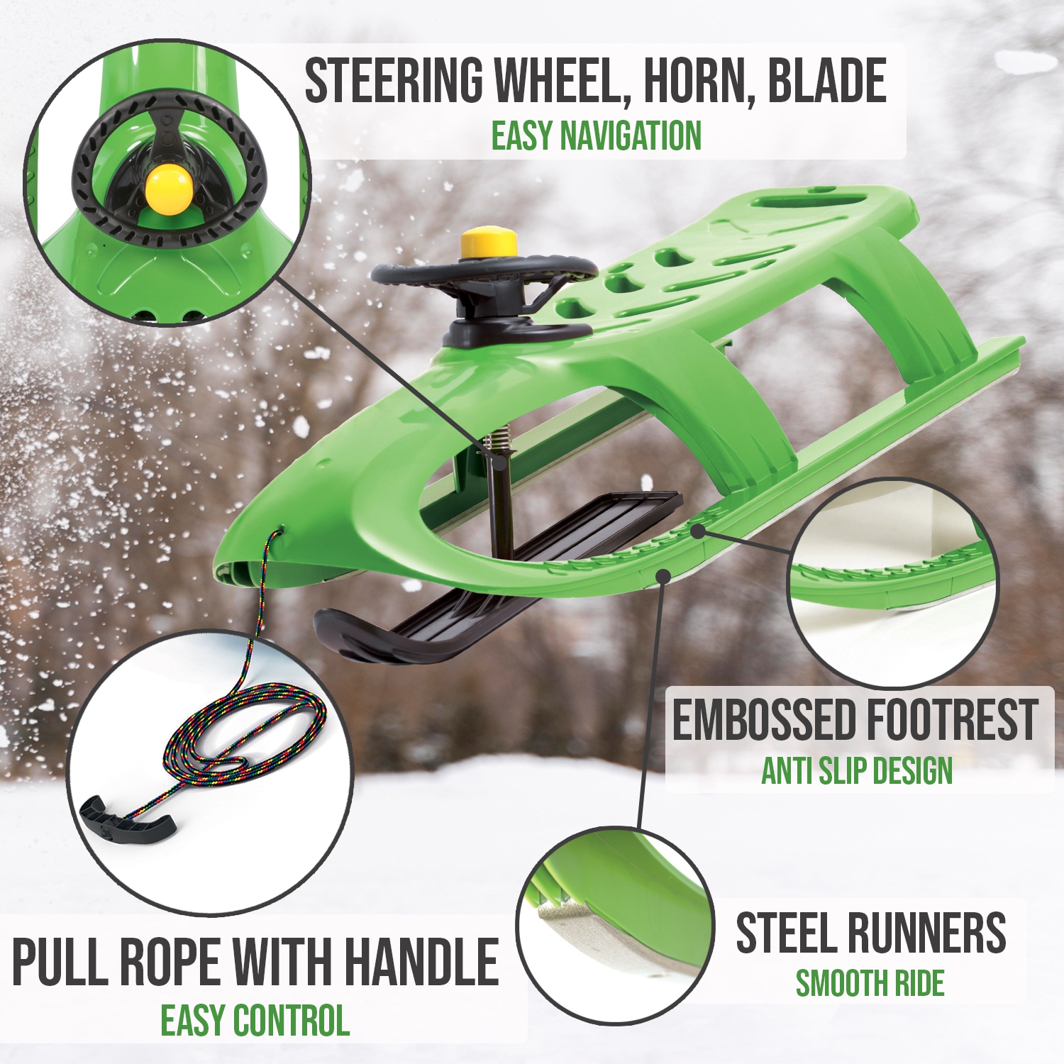 ArcticThrill Snow Sled for Kids - SnowRush Sledge - Single Rider Racer Toboggan with Pull Rope and Steering Wheel; Outdoor Plastic Winter Sleigh for