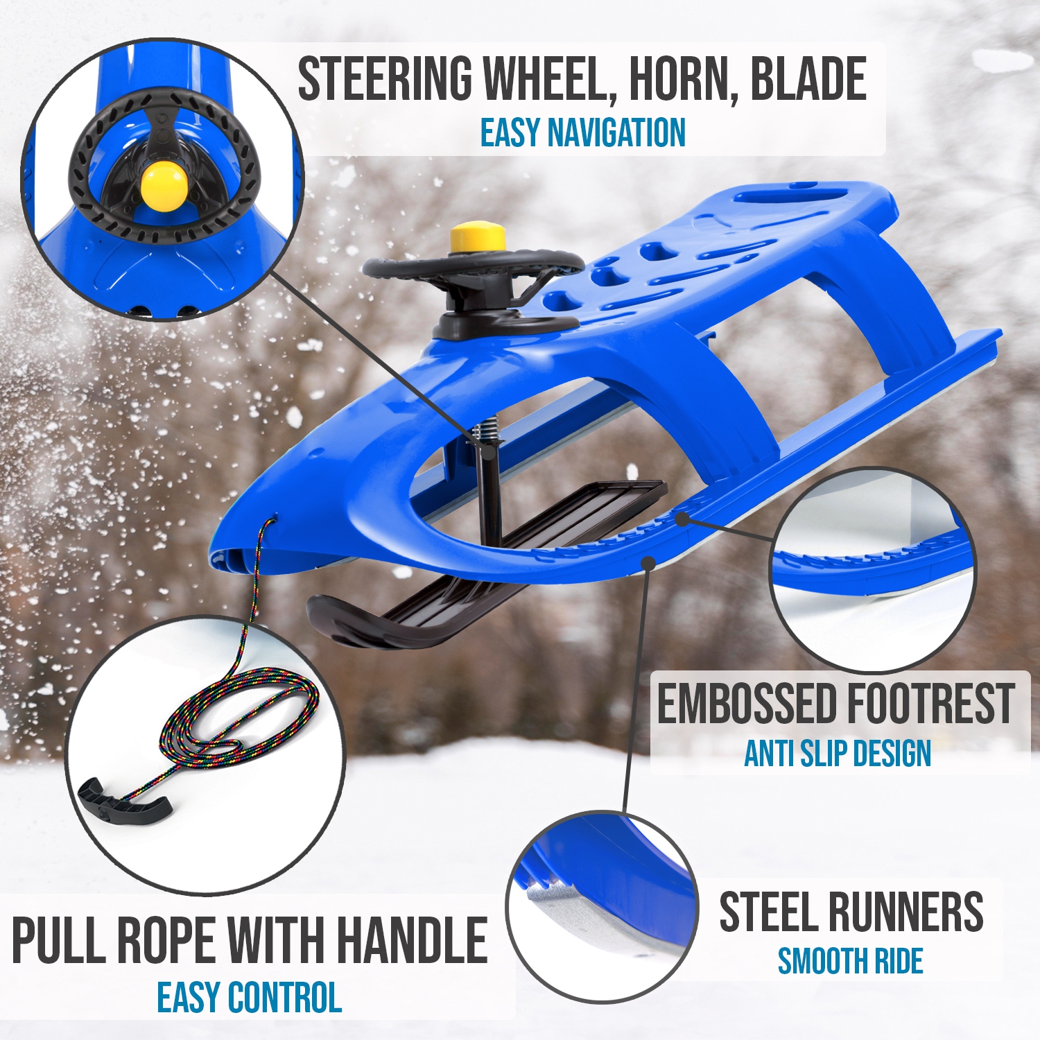 ArcticThrill Snow Sled for Kids - SnowRush Sledge - Single Rider Racer Toboggan with Pull Rope and Steering Wheel; Outdoor Plastic Winter Sleigh for