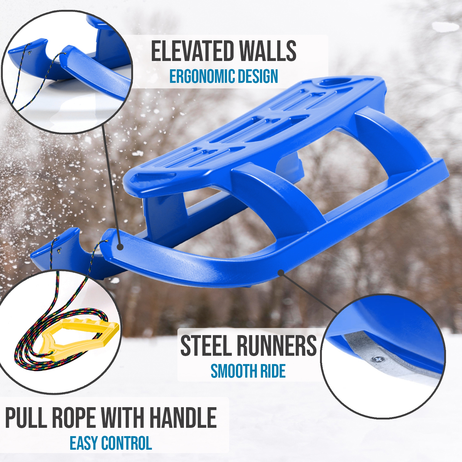 Luge de neige ArcticThrill pour enfants - luge SnowTwin - luge simple Rider Racer toboggan avec corde; traîneau d'hiver en plastique pour les