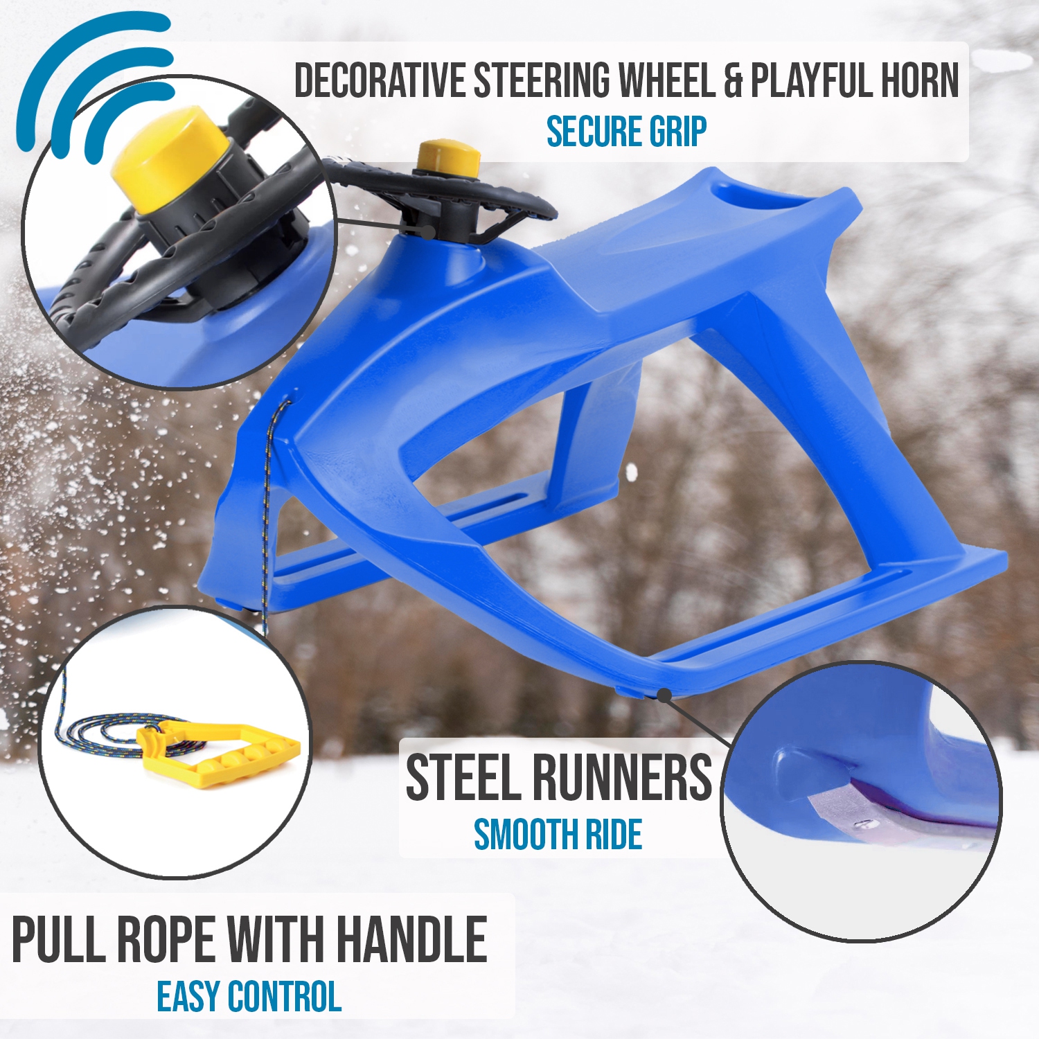 ArcticThrill Snow Sled for Kids - FrostRide Sledge - Toboggan with Pull Rope and Decorative Steering Wheel; Outdoor Plastic Winter Sleigh for