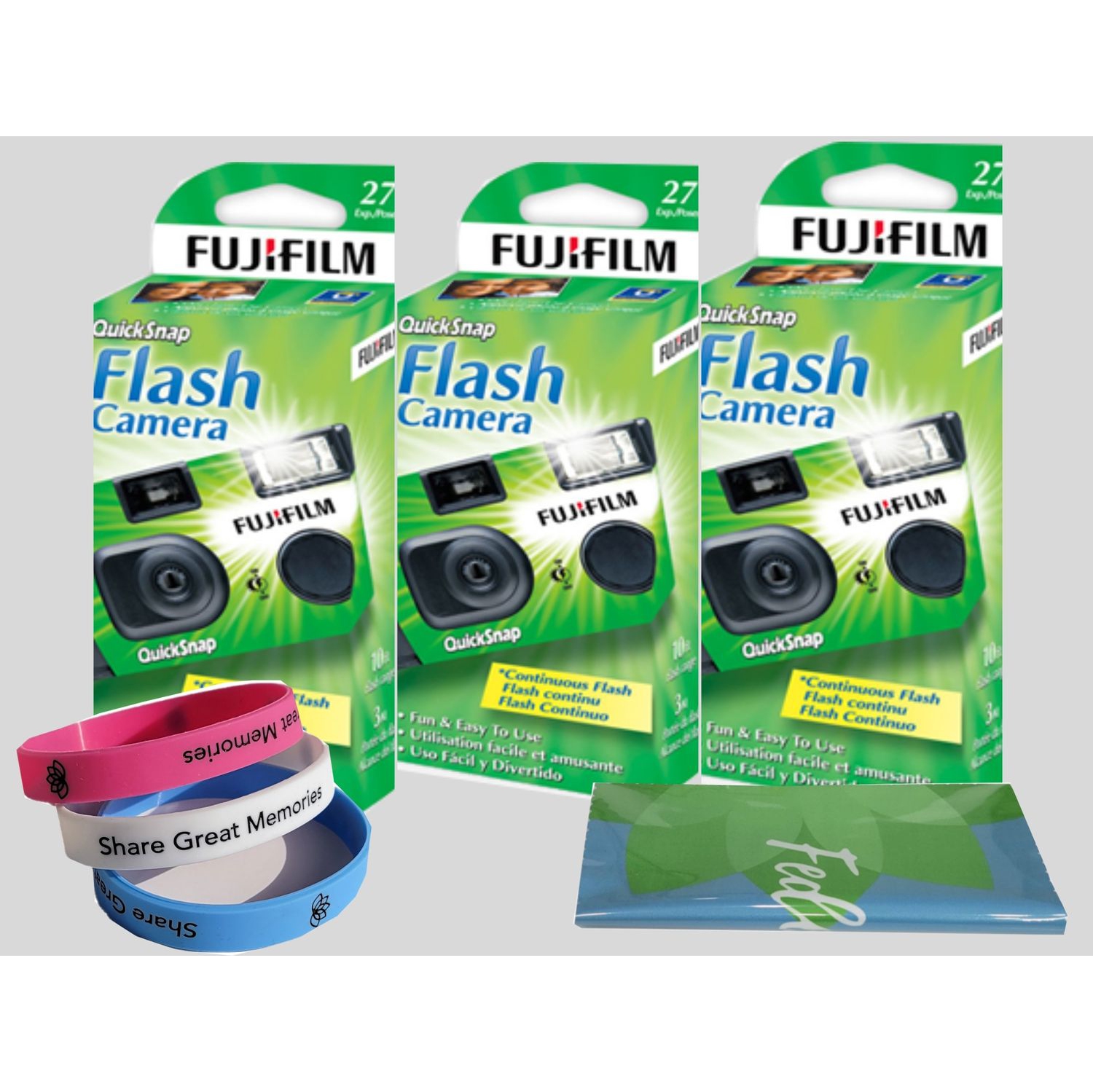 Appareil photo jetable 35&nbsp;mm QuickSnap Flash 400 de Fujifilm et bracelet en silicone écologique et chiffon de nettoyage en microfibre en prime