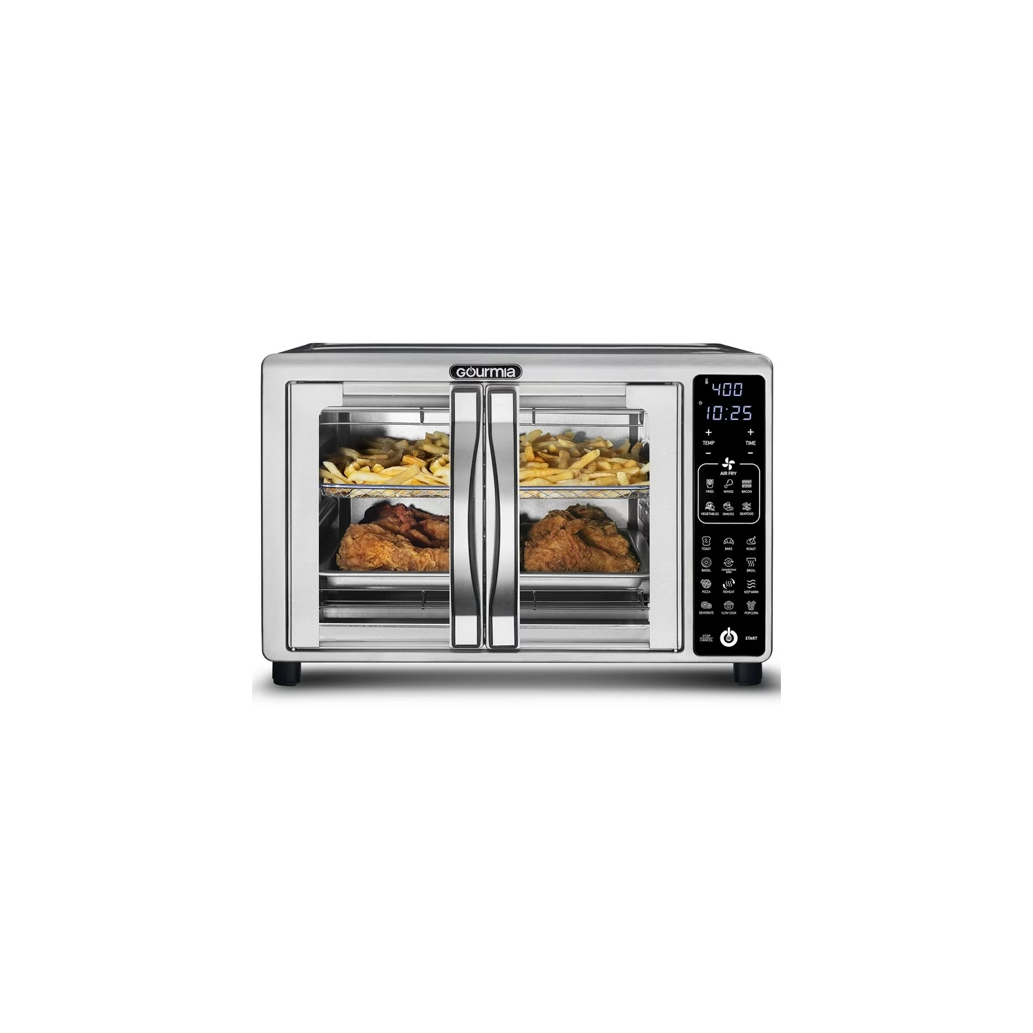 Gourmia – four grille-pain numérique friteuse à air chaud à deux portes à tirage unique, 19 préréglages de cuisson, acier inoxydable