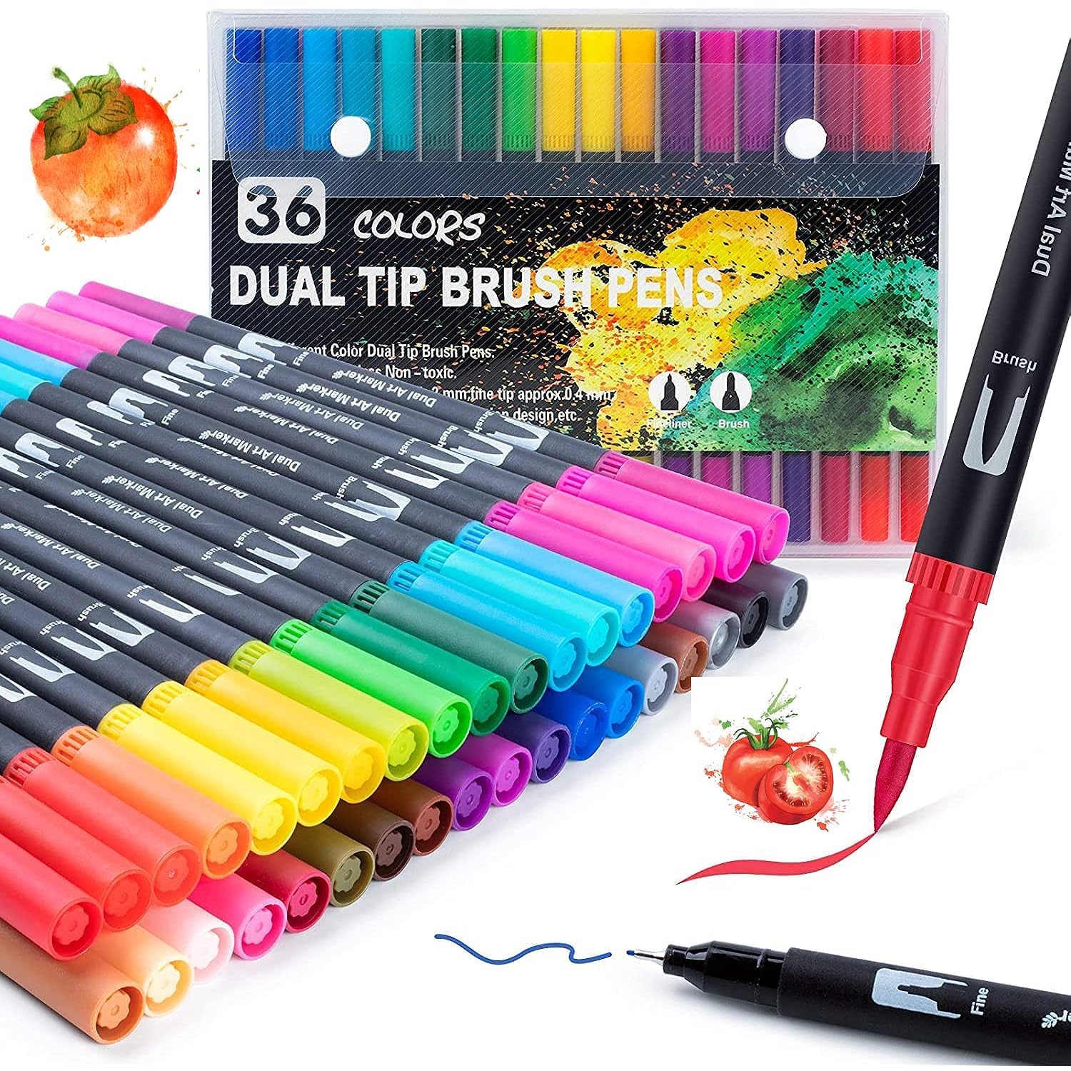 36 Fine Felt Tip Dual Brush Coloring Markers for Adults and Kids - Perfect for Painting, Lettering, Card Making, Crafts, Doodling, Bullet Journals, and Scrapbooking