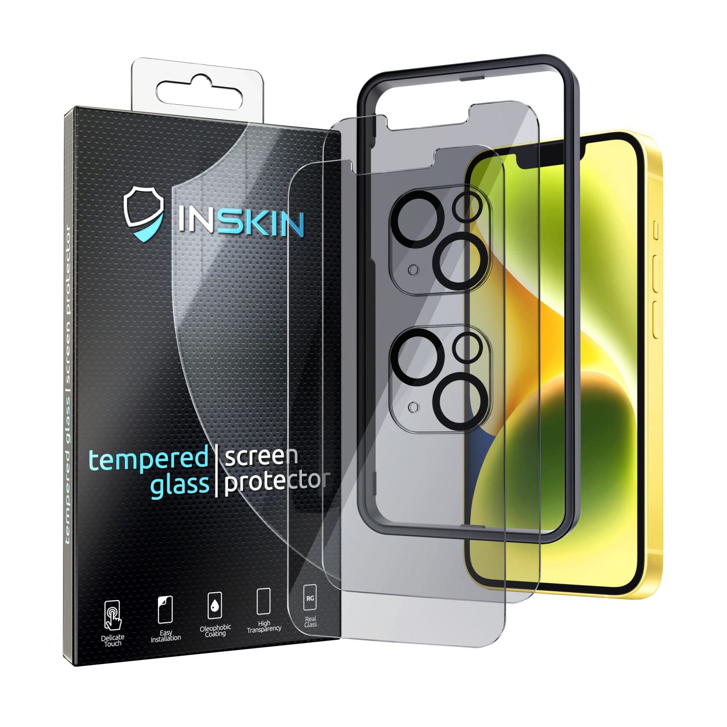 Inskin Privacy Screen Protector for iPhone 14 Plus - 2+2 Tempered Glass for Screen & Camera Lens, Auto-Align Installation, Plasma Coating, Fits Cases