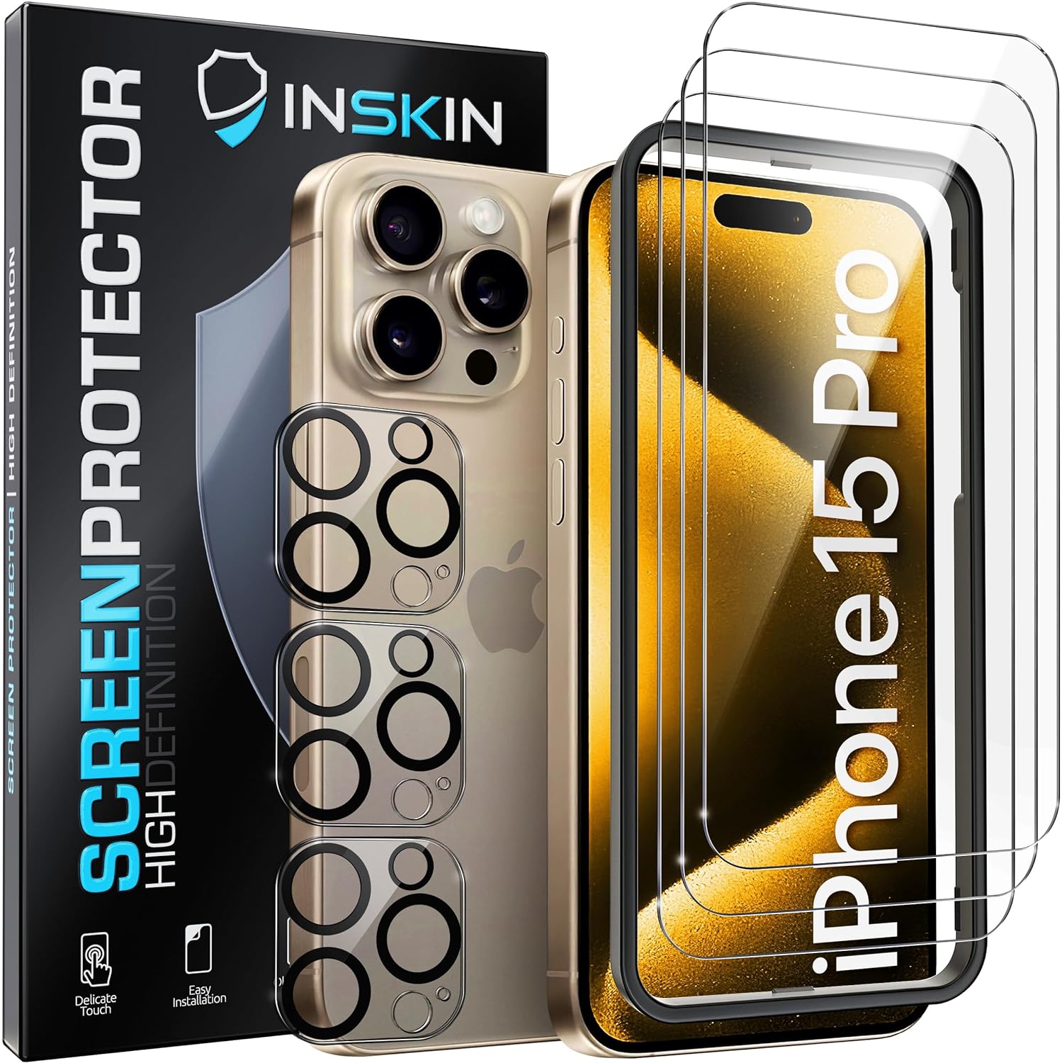 Inskin – Protecteur d’écran en verre trempé pour iPhone 15 Pro – 3+3 en verre trempé pour écran et objectif d’appareil photo, alignement automatique