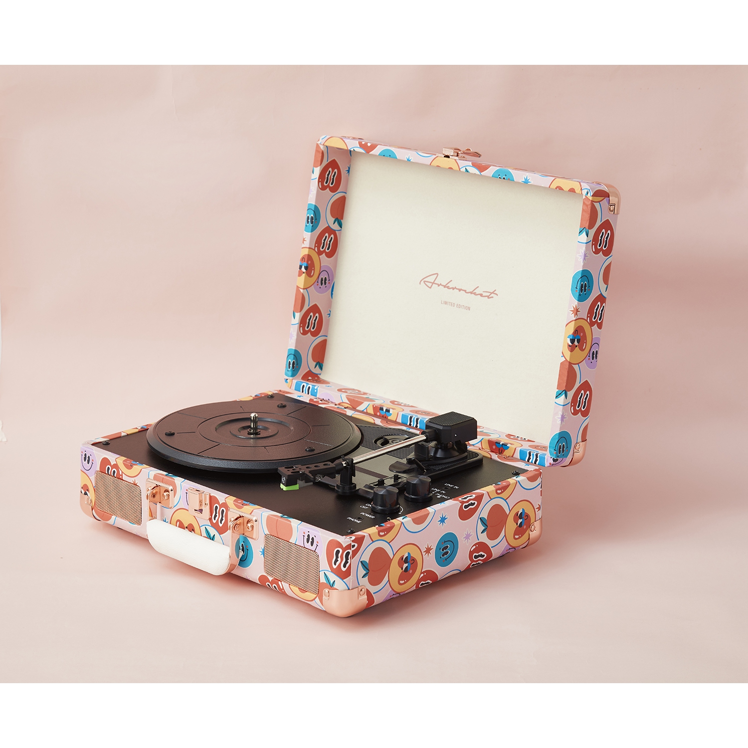 Arkrocket Curiosity Bluetooth Turntable Retro Suitcase 3-Speed Record Player with Built-in Speakers-Smiley Limited Edition